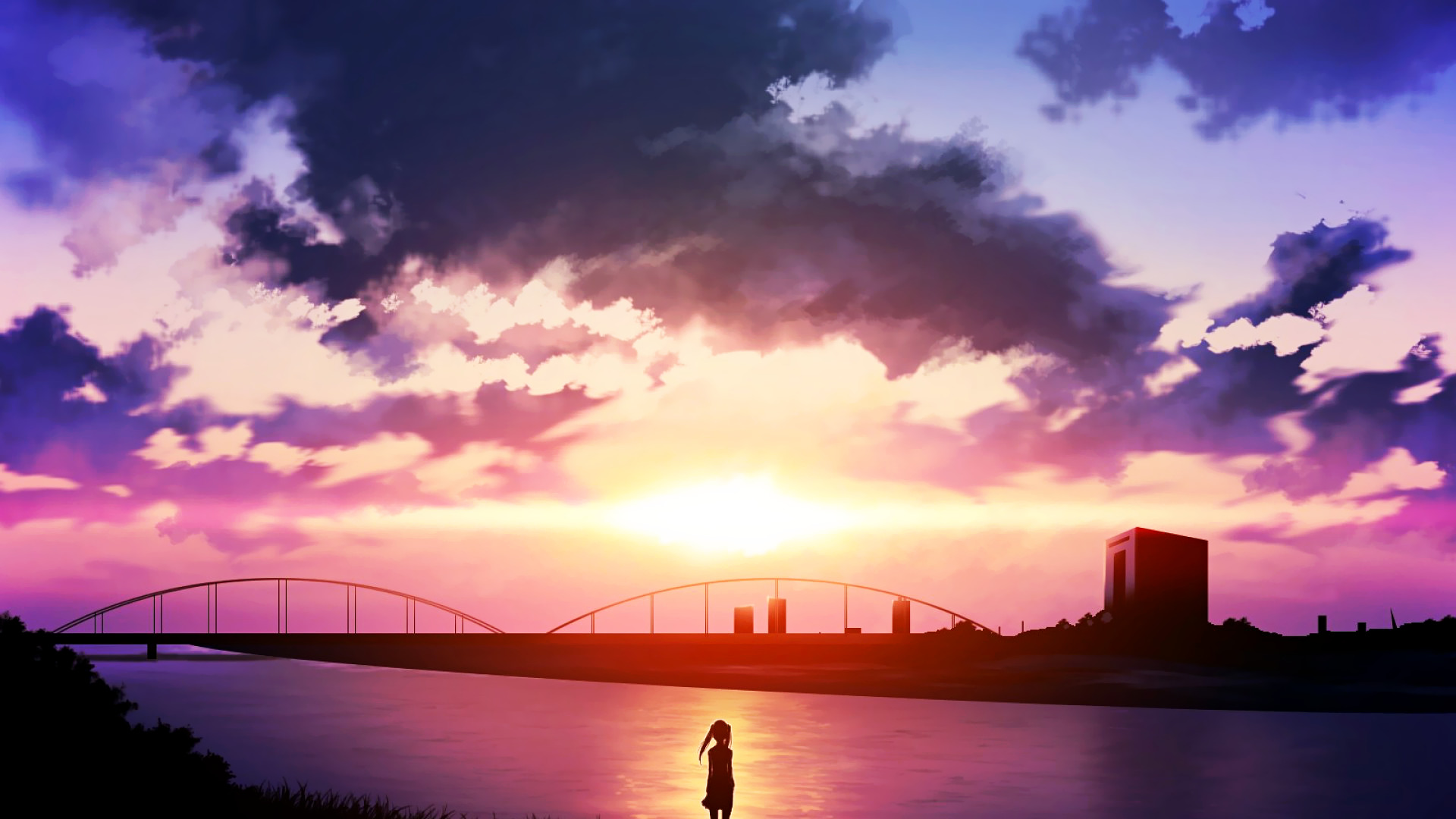 Anime sunset over river with bridge and building HD Wallpaper