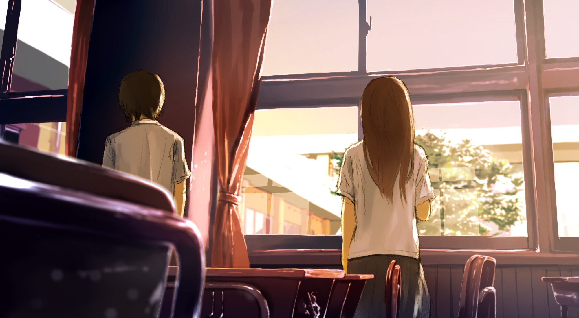 Anime classroom with students looking out window HD Wallpaper