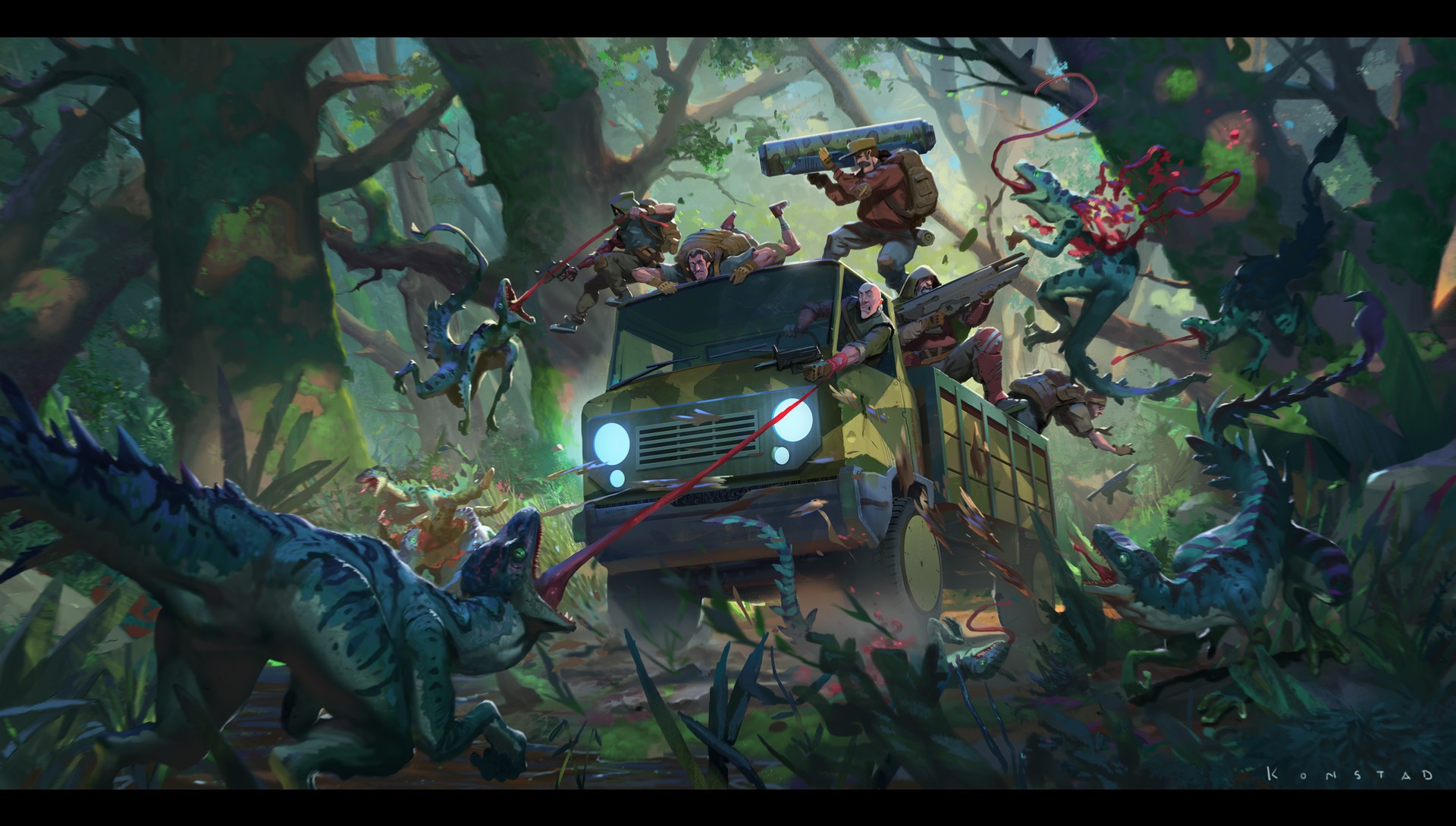 Hunters in a truck fighting dinosaurs in a forest HD Wallpaper