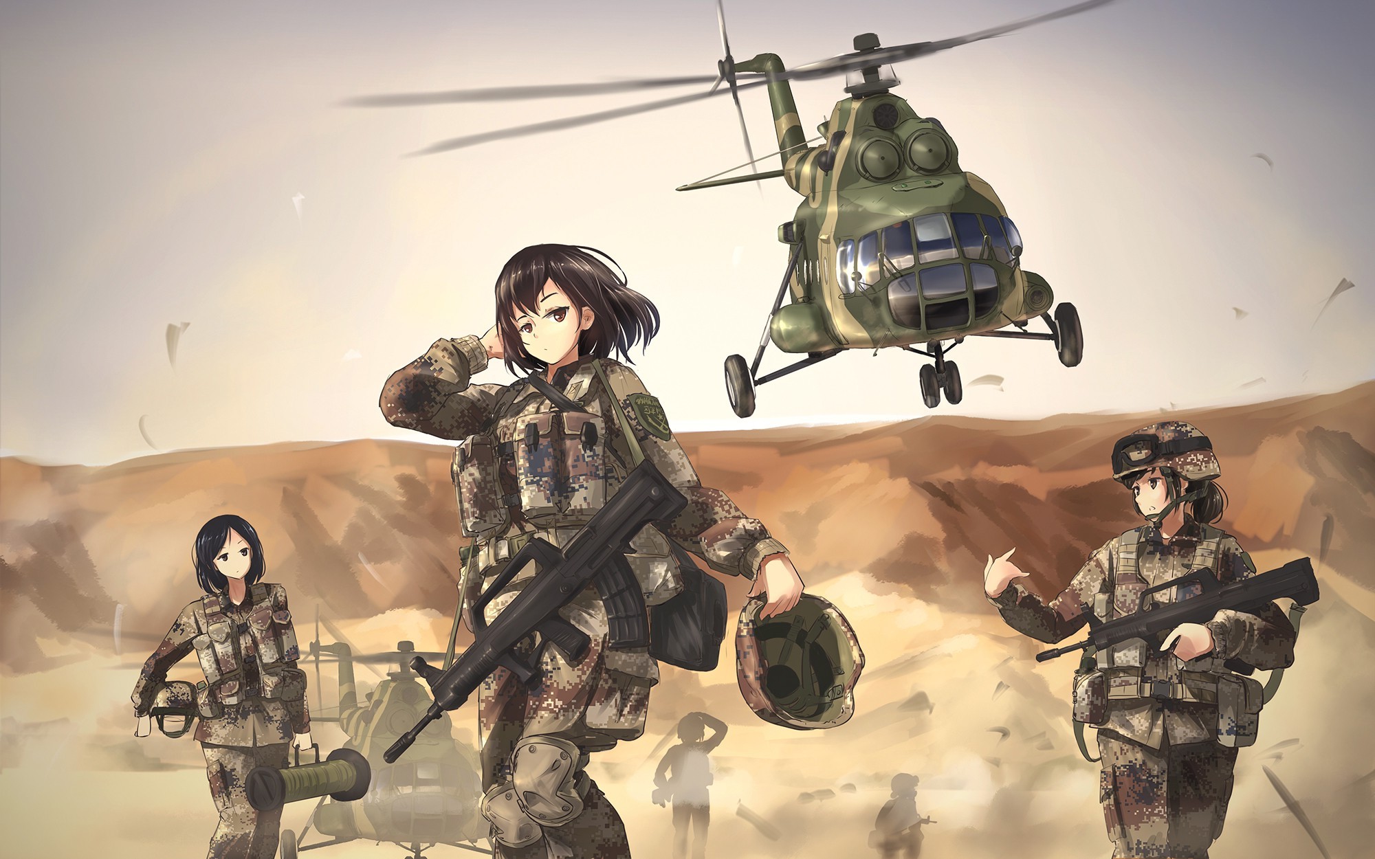 Anime military women with Mi-8 helicopter HD Wallpaper