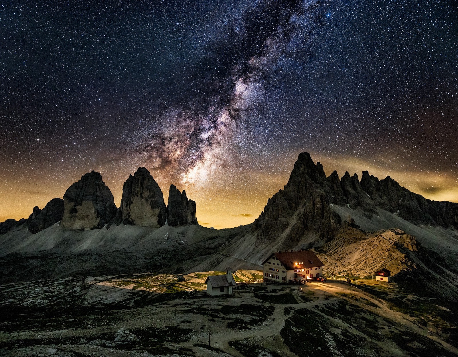 Milky Way over Tre Cime di Lavaredo, Dolomites, Italy HD Wallpaper