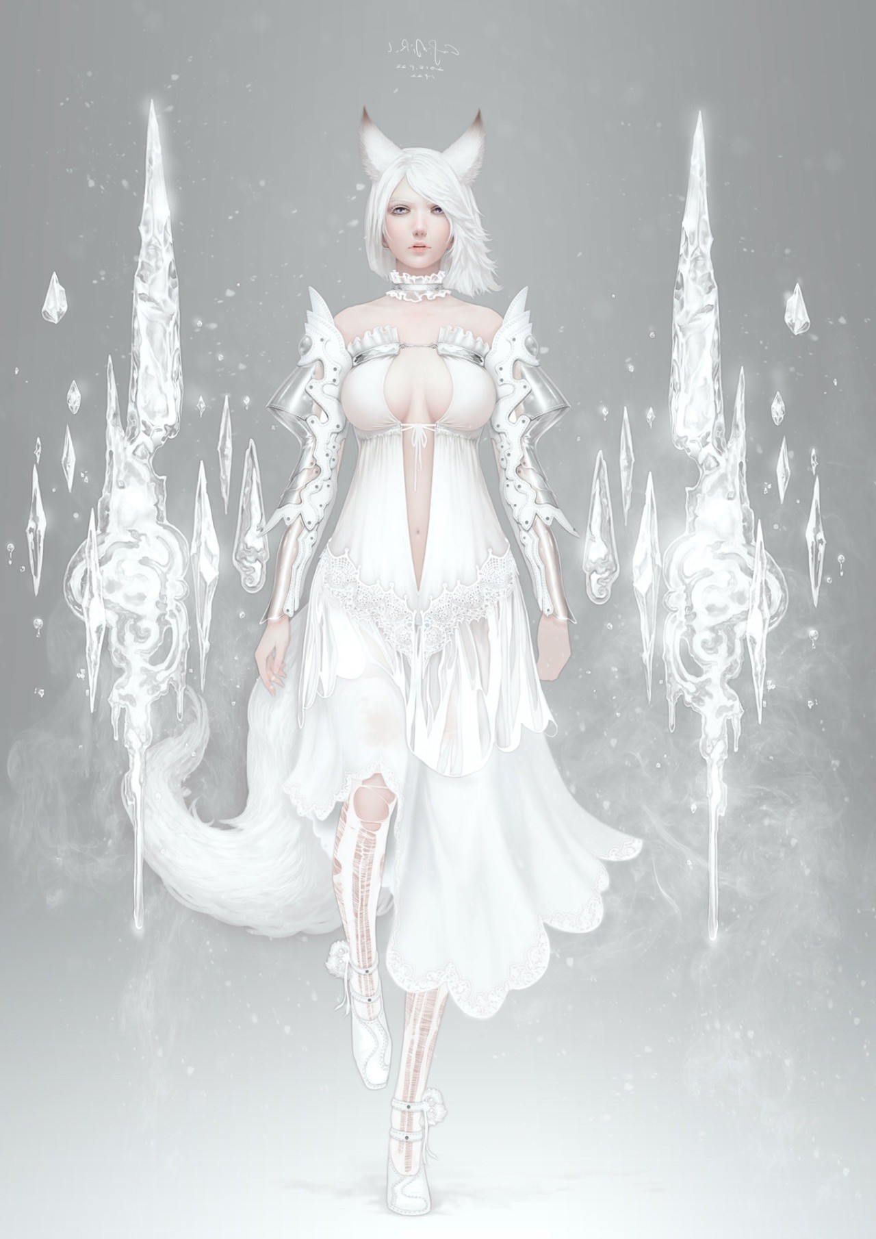 Anime girl with white hair and fox ears in a white dress HD Wallpaper