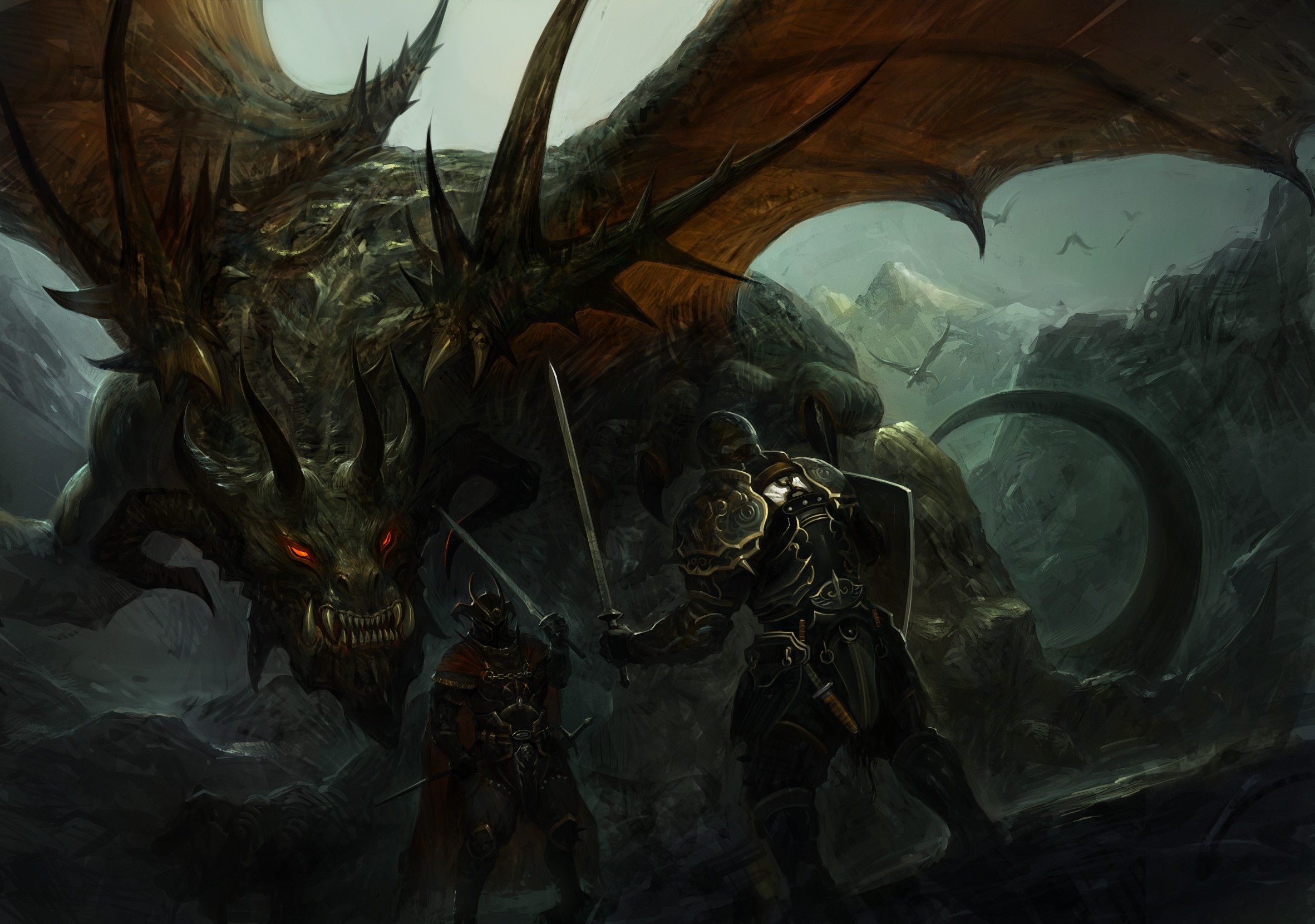 Fantasy art of a dragon fighting knights HD Wallpaper