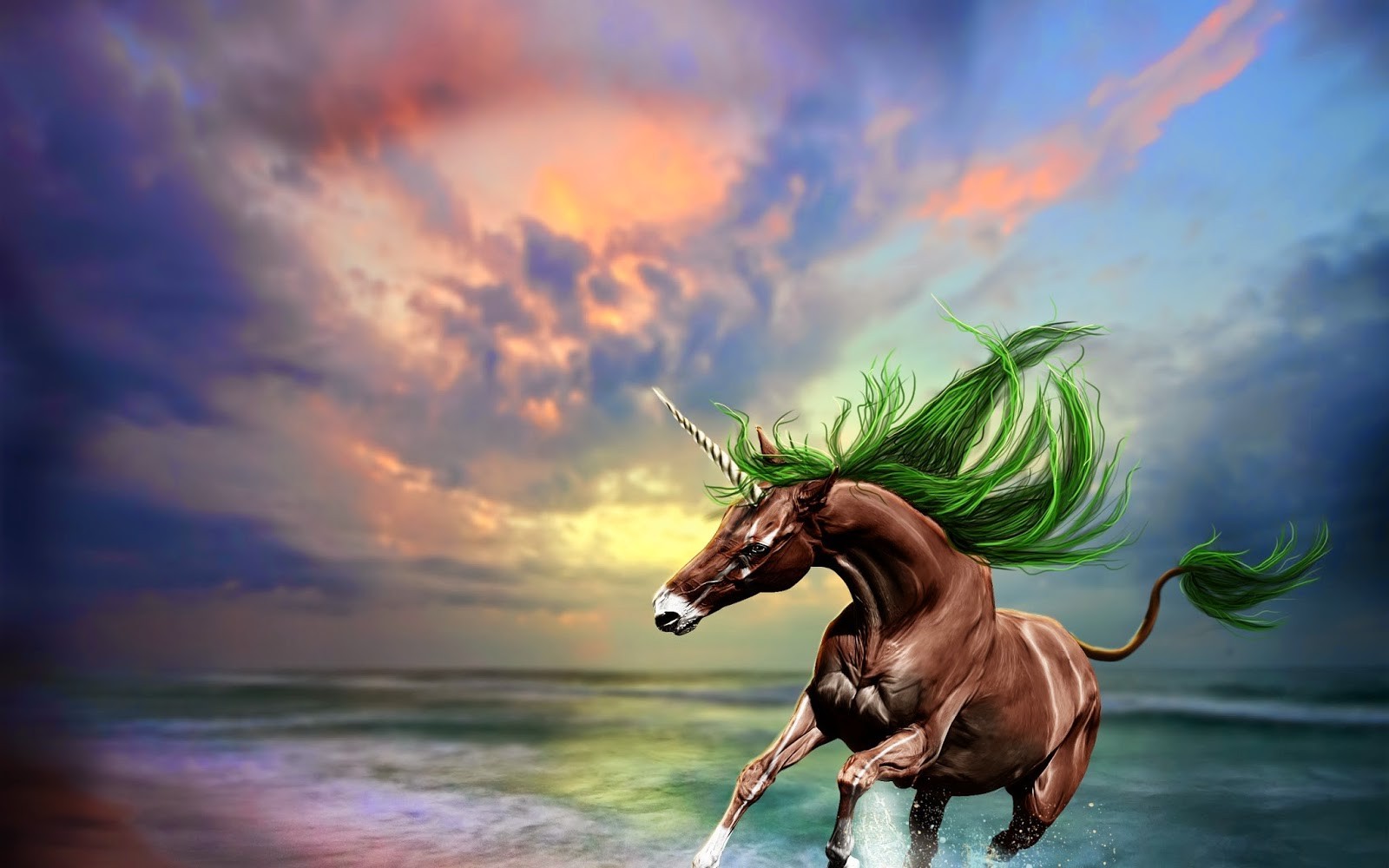 Brown unicorn with green mane running in the ocean HD Wallpaper