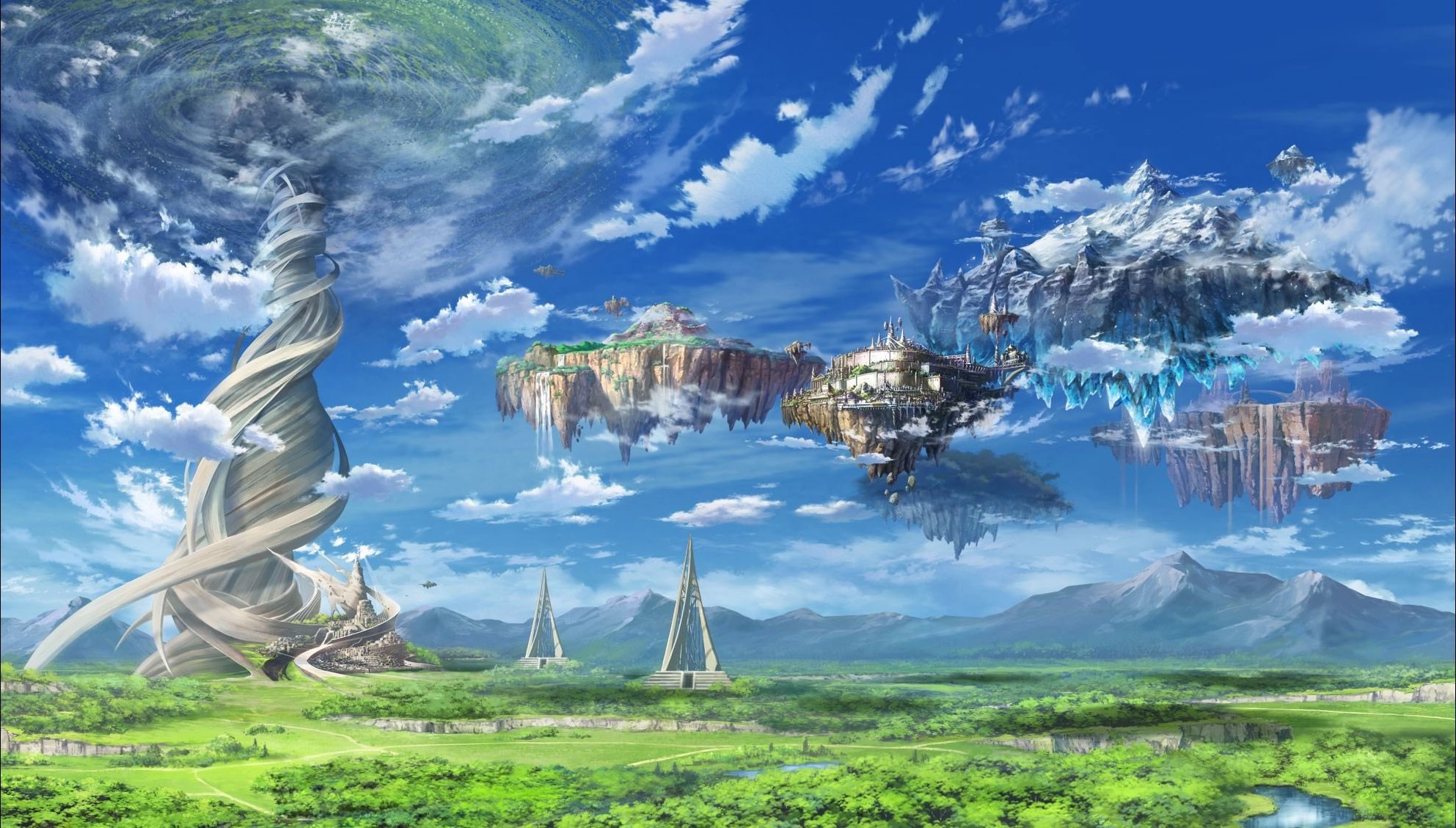 Anime landscape with floating islands and a giant tree HD Wallpaper