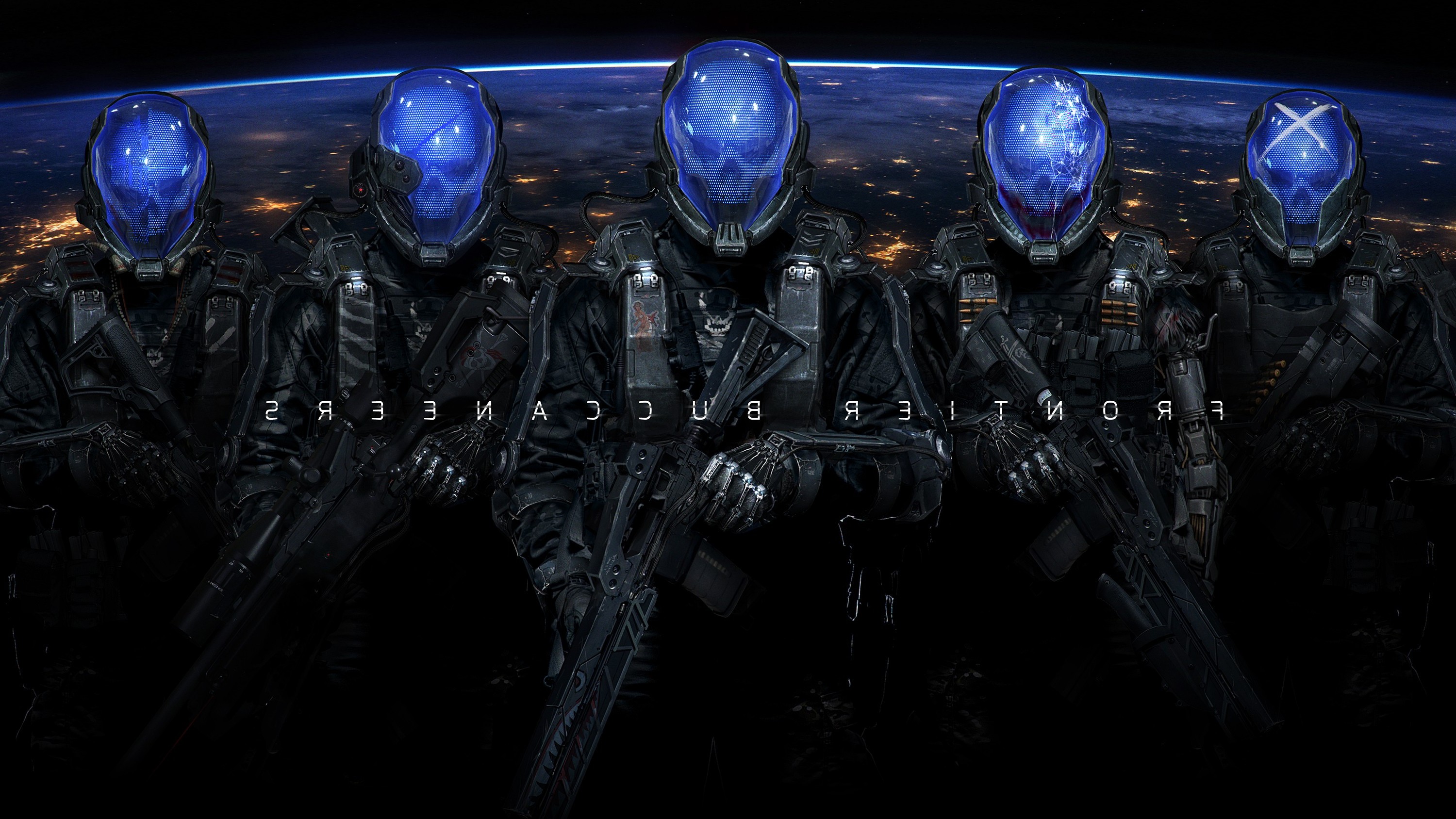 Five futuristic soldiers with blue helmets on Earth HD Wallpaper
