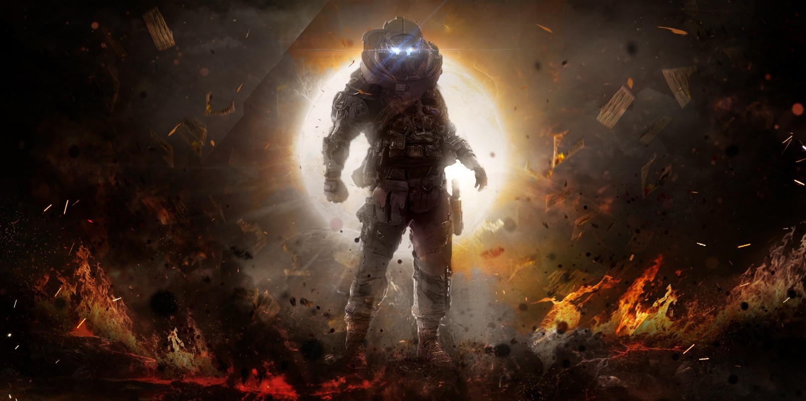 Soldier in futuristic armor in an explosion HD Wallpaper