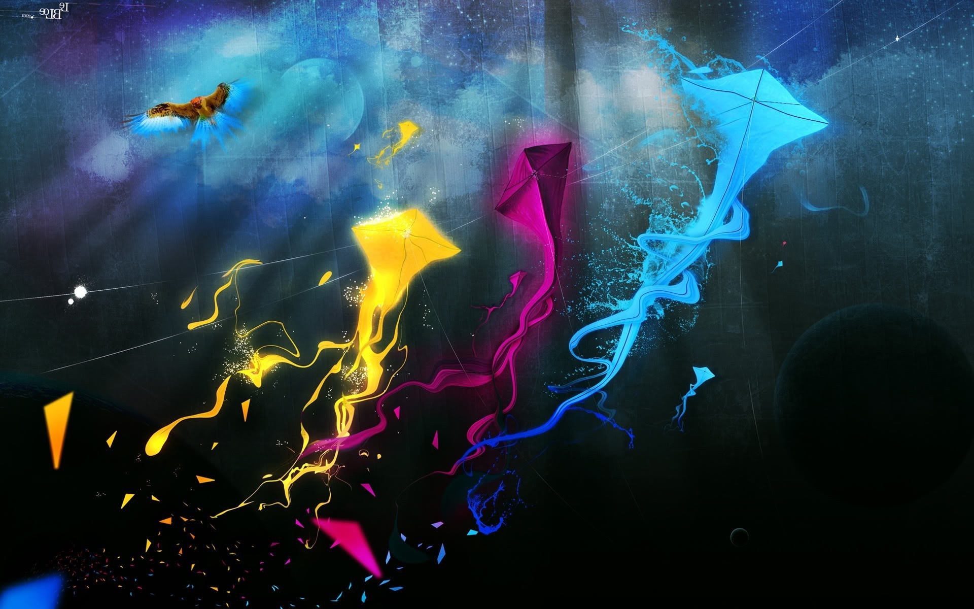 Fantasy art with colorful kites and a bird HD Wallpaper