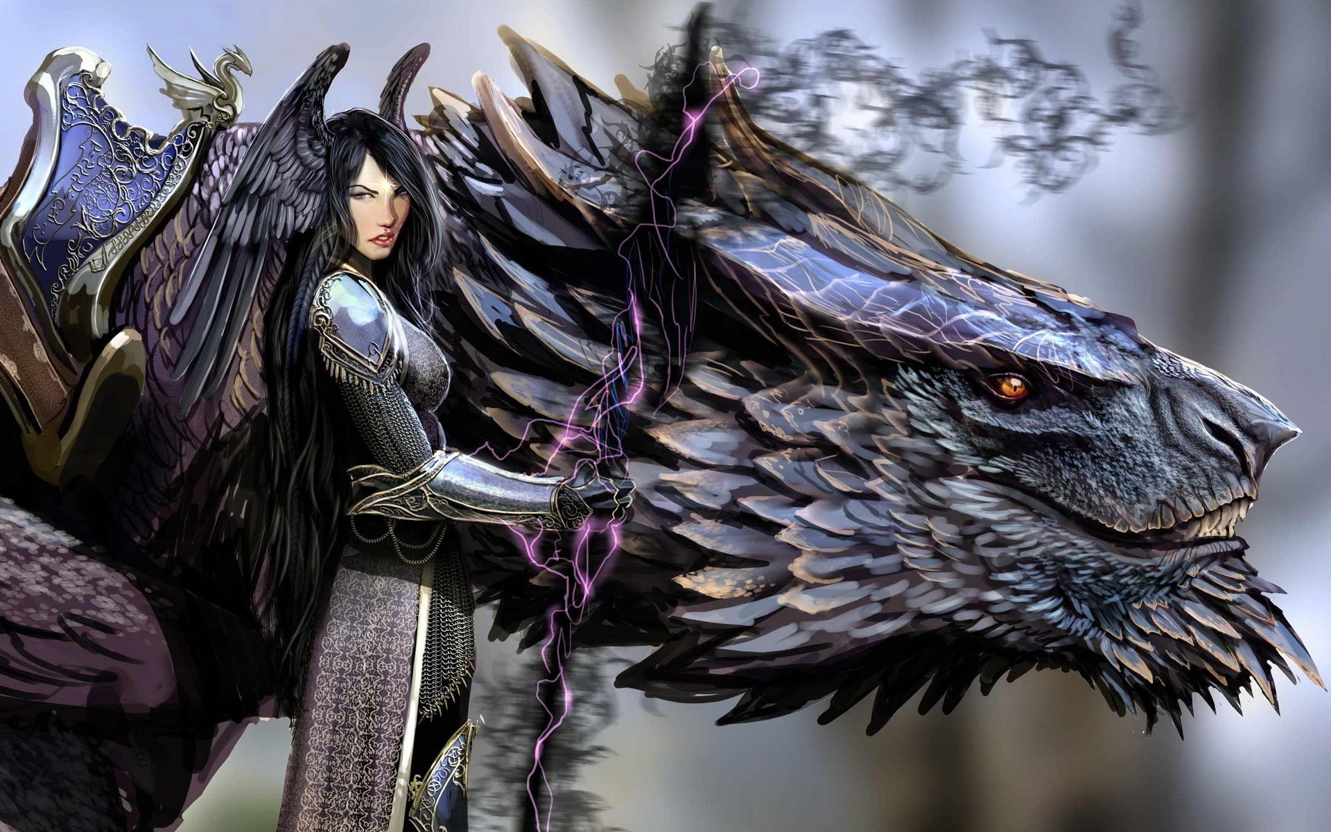 Woman with dragon and wings HD Wallpaper