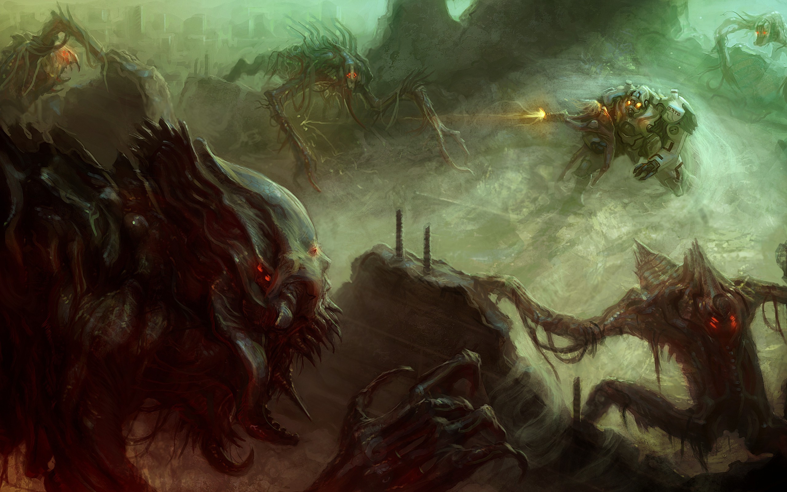 Alien creatures and a soldier in a battle HD Wallpaper