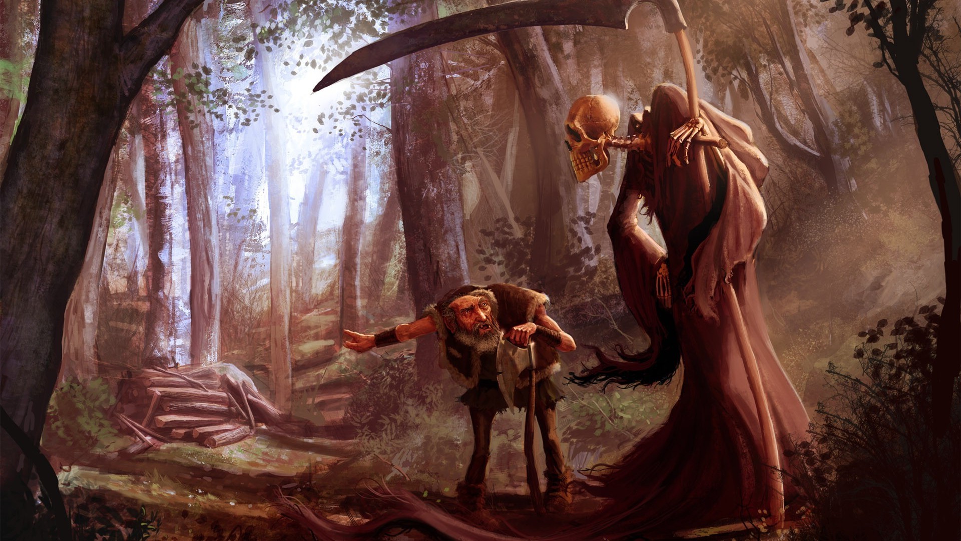 Death and a man in a forest HD Wallpaper