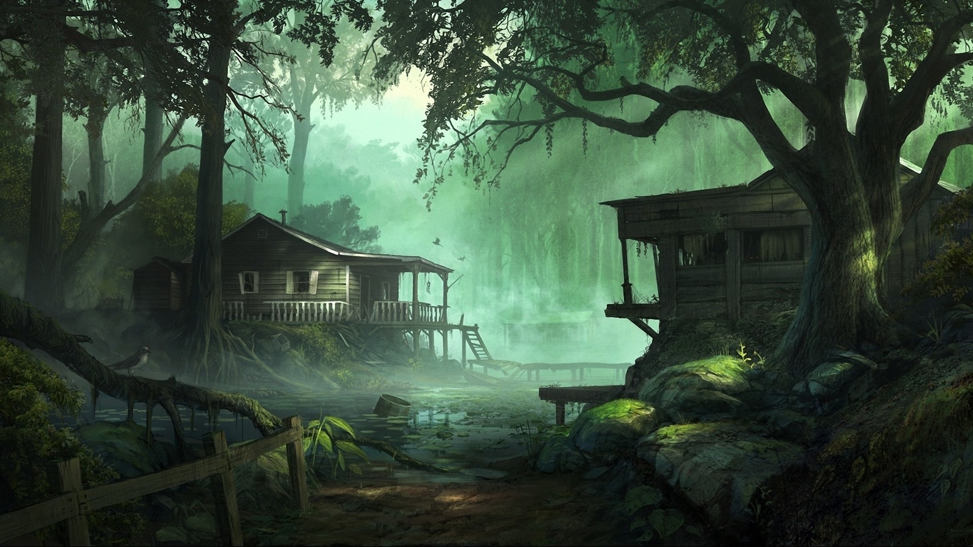 Fantasy swamp with houses and mist HD Wallpaper