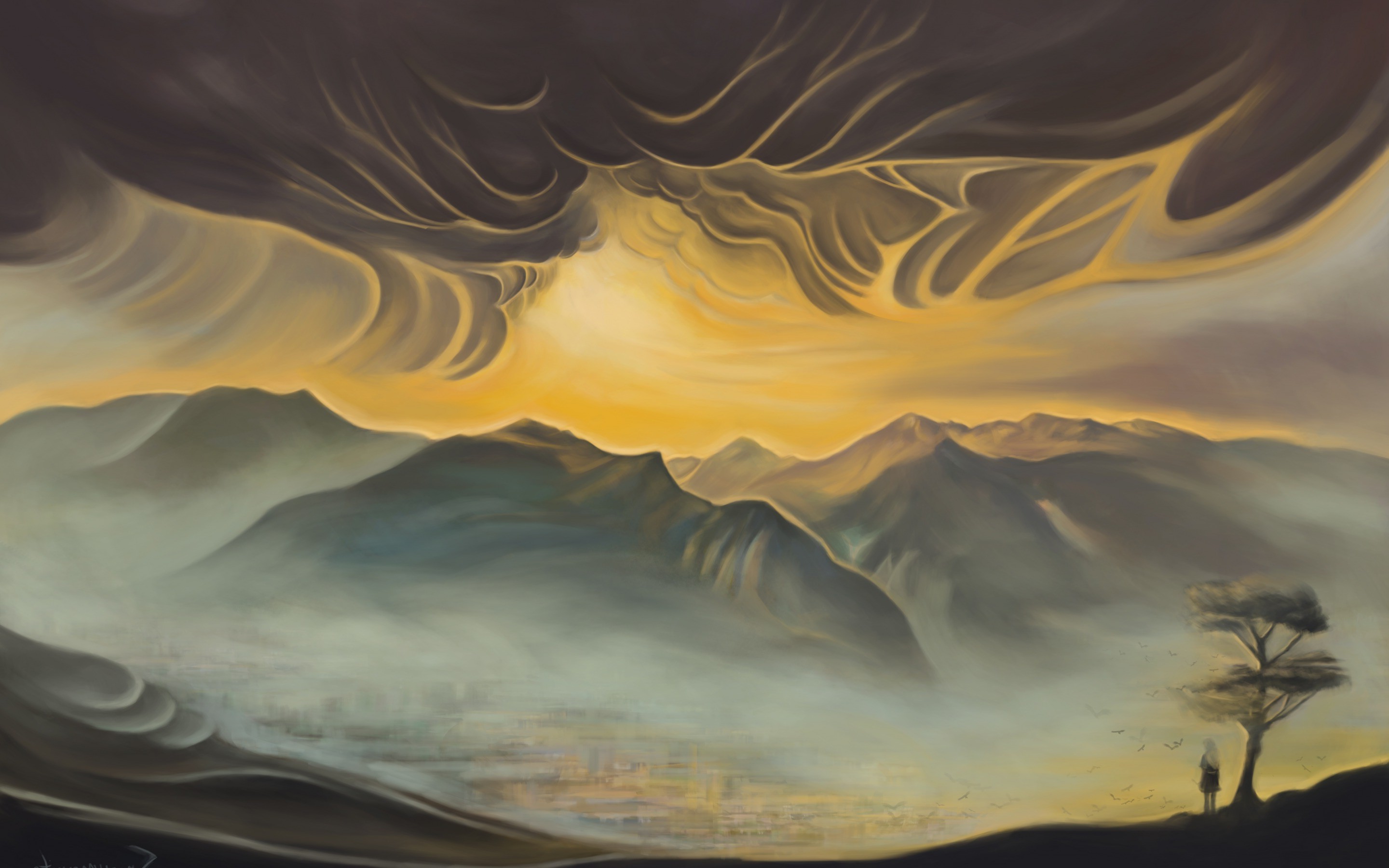 Digital painting of a fantasy landscape with mountains and stormy clouds HD Wallpaper