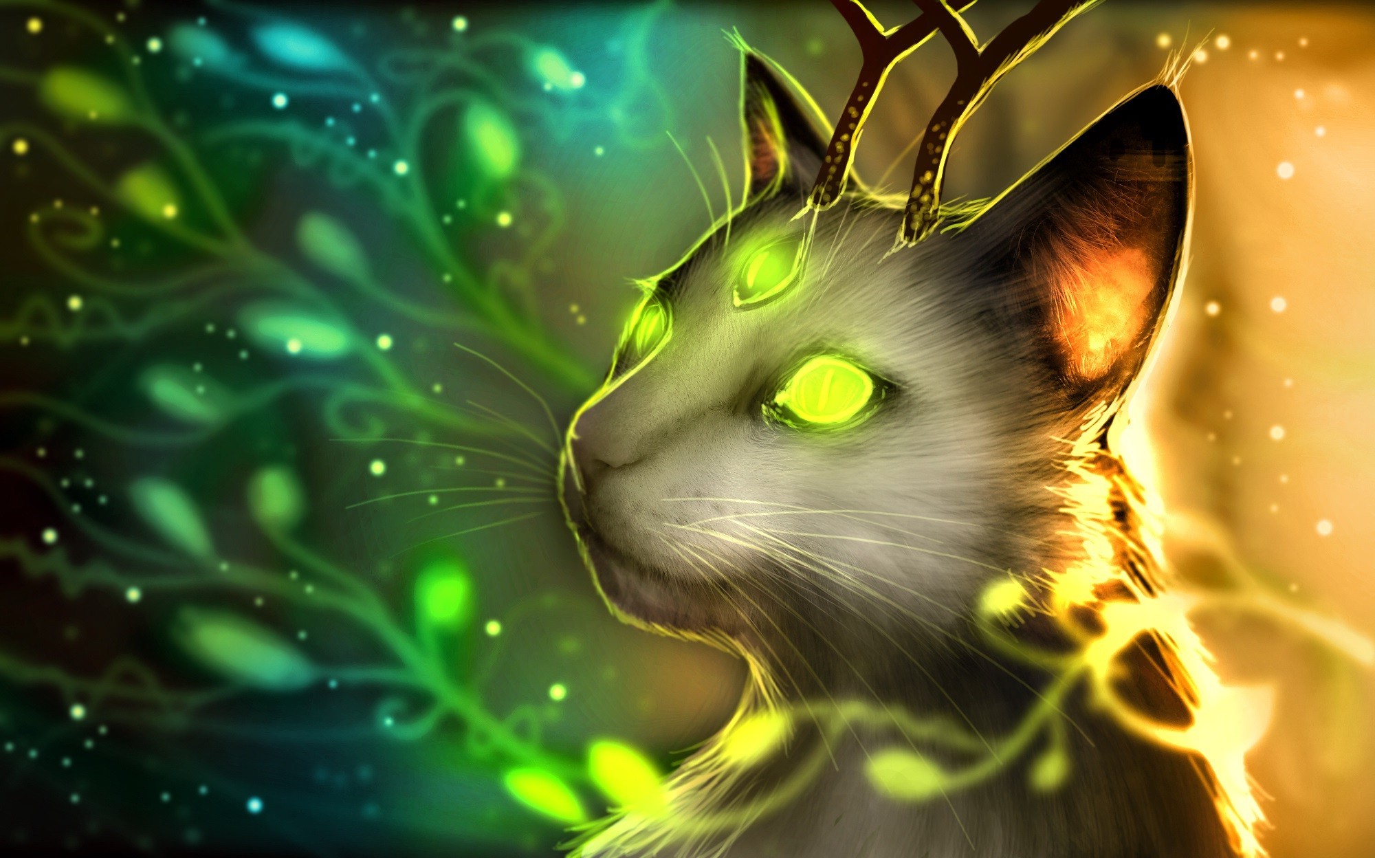 Fantasy cat with antlers and glowing green eyes HD Wallpaper