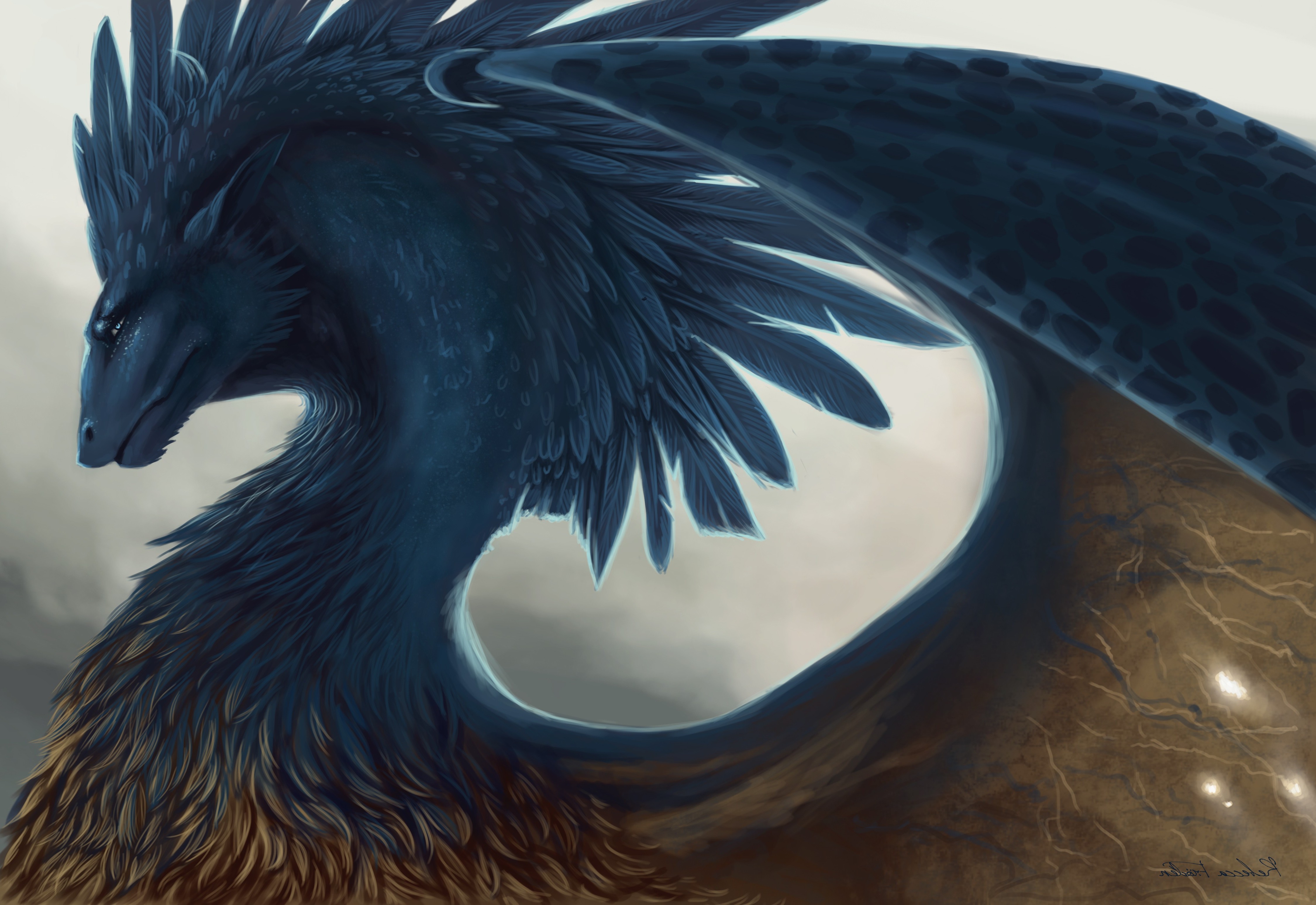 Blue feathered dragon creature with wings HD Wallpaper