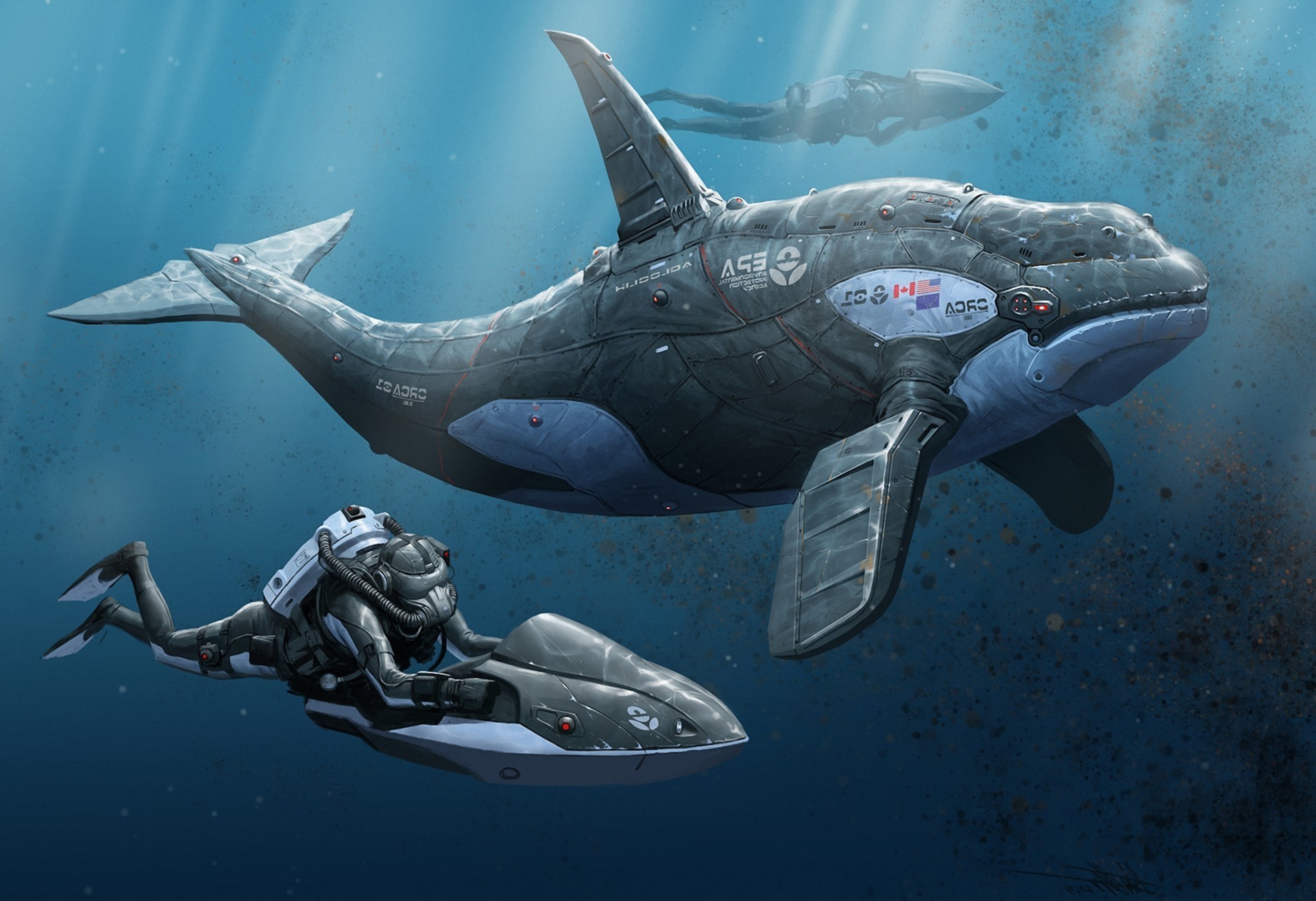 Cybernetic whale and diver underwater HD Wallpaper