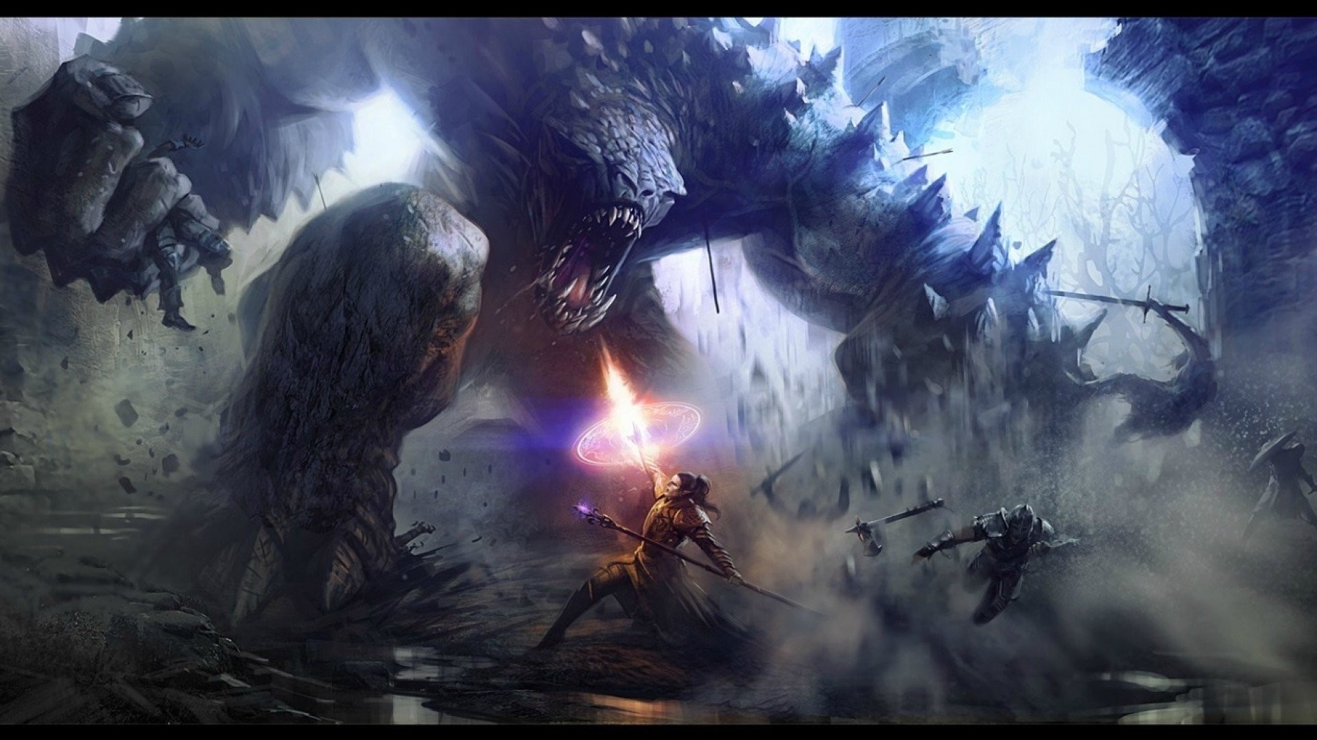 Fantasy art of a warrior fighting a giant troll HD Wallpaper