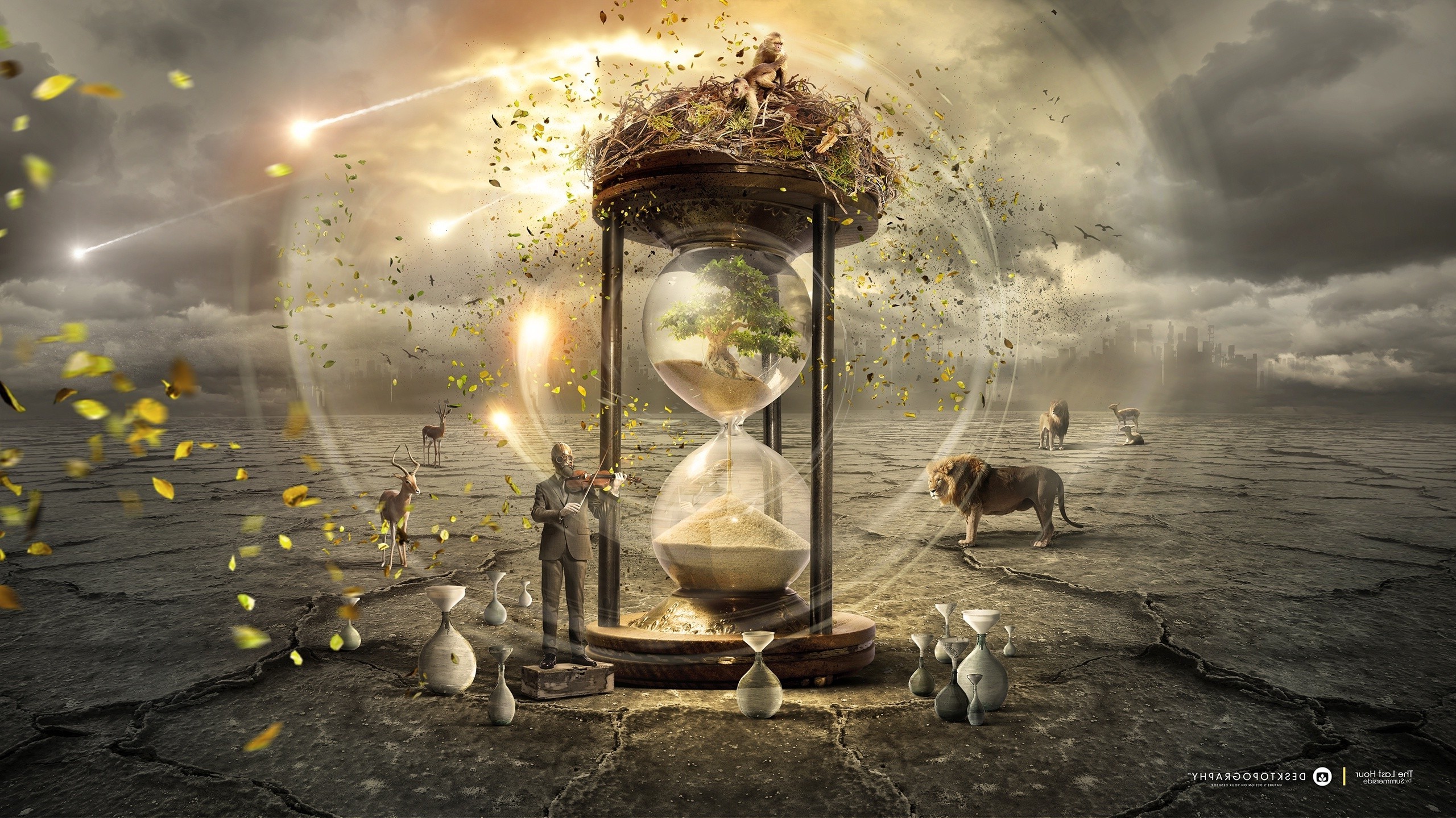 Fantasy hourglass with tree, animals, and musician HD Wallpaper
