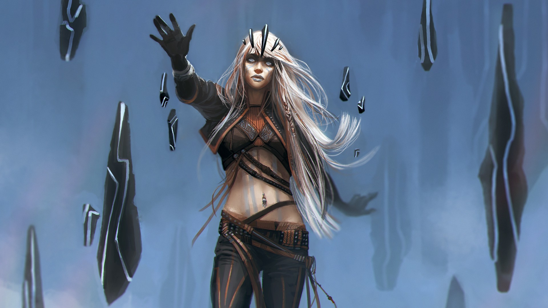 Fantasy art of a woman with white hair and floating rocks HD Wallpaper