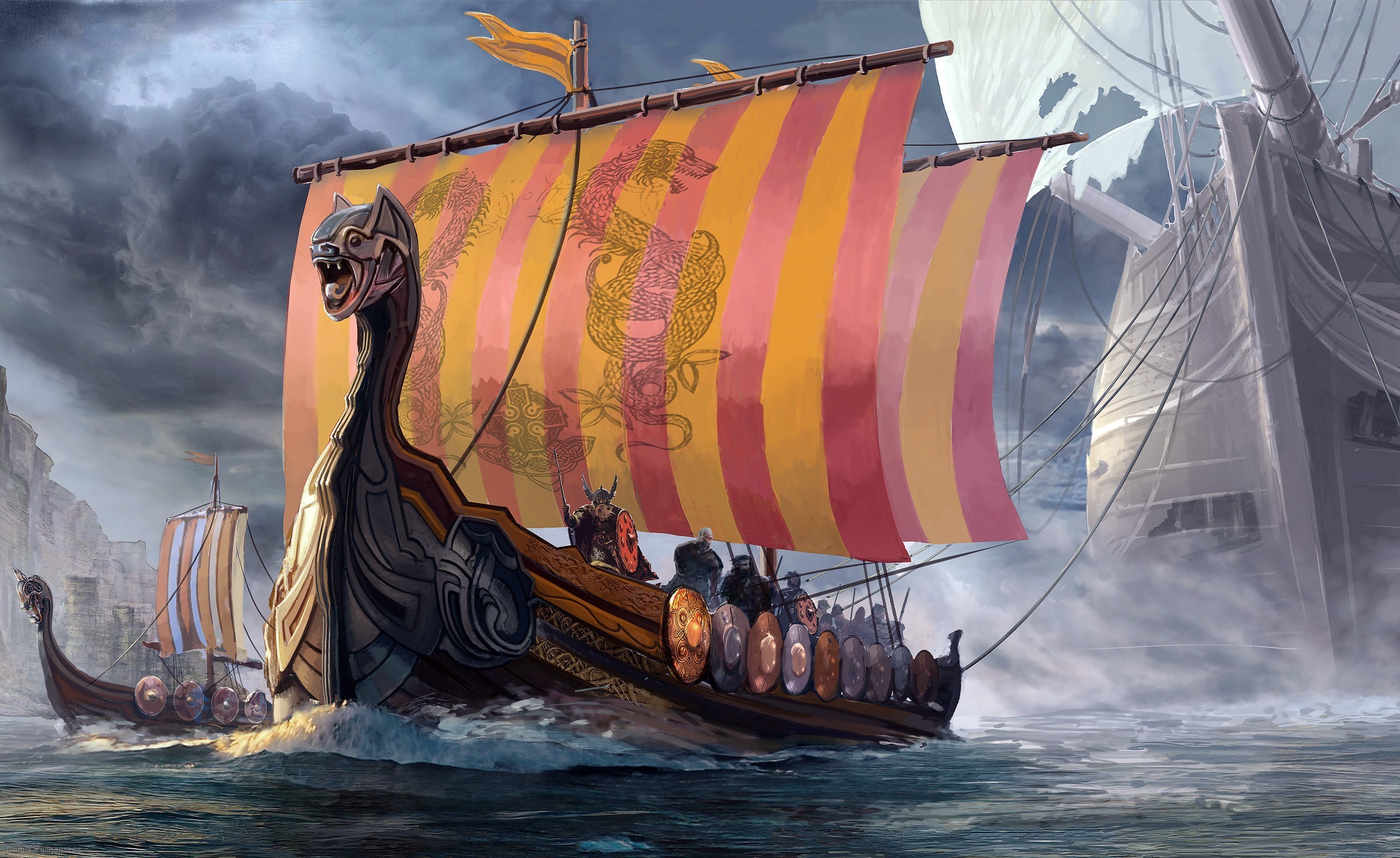 Viking longships sailing past a large ship HD Wallpaper