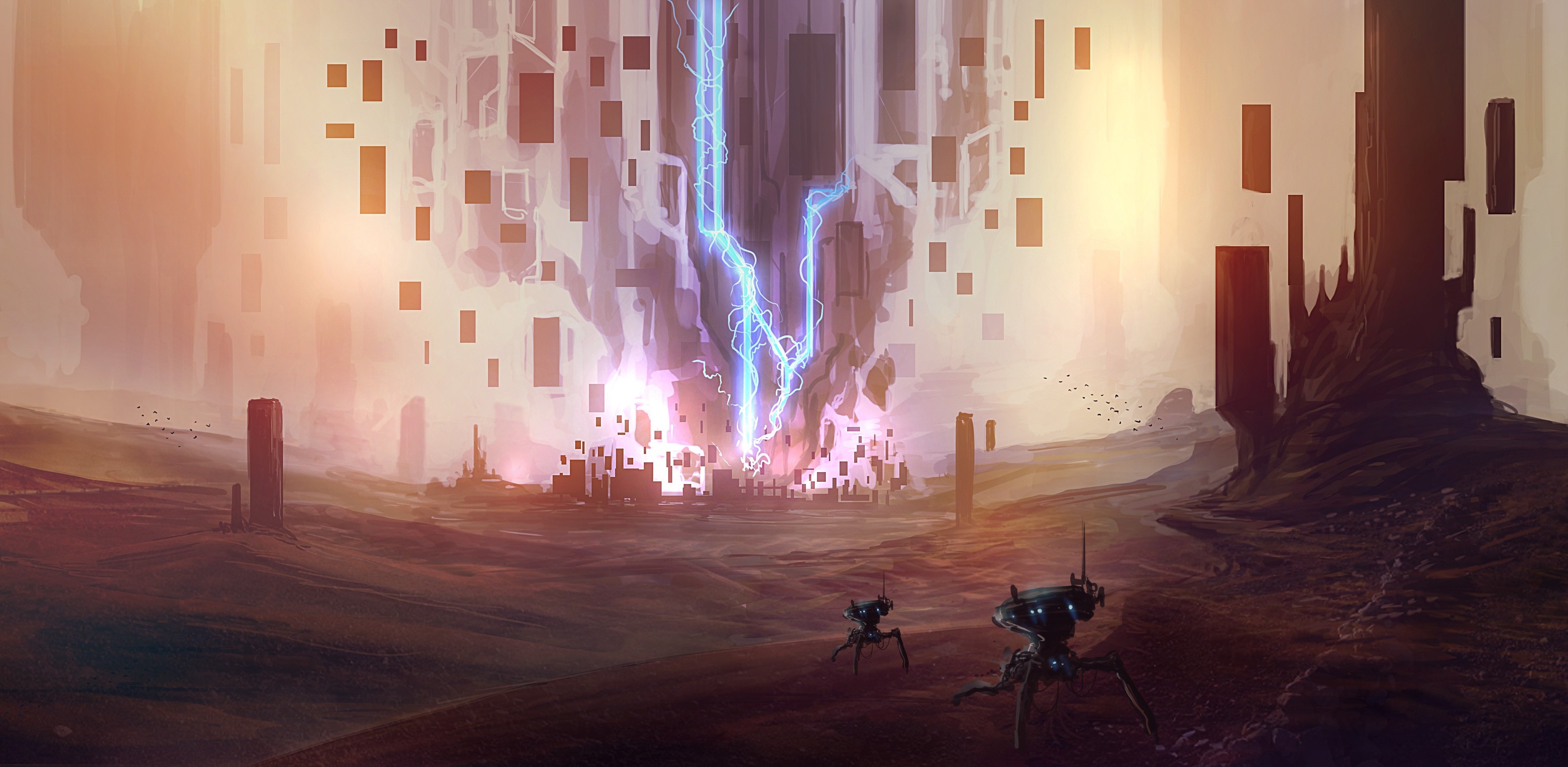 Robots in a surreal alien landscape with energy beam HD Wallpaper