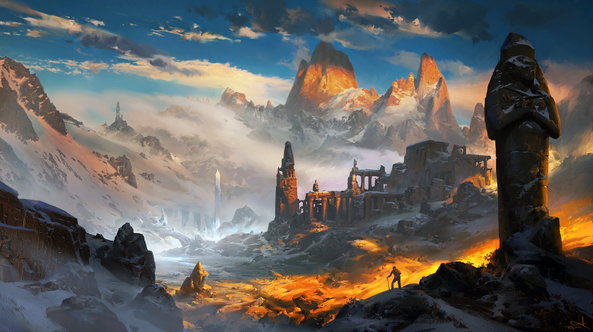 Fantasy ruins in a snowy mountain landscape HD Wallpaper