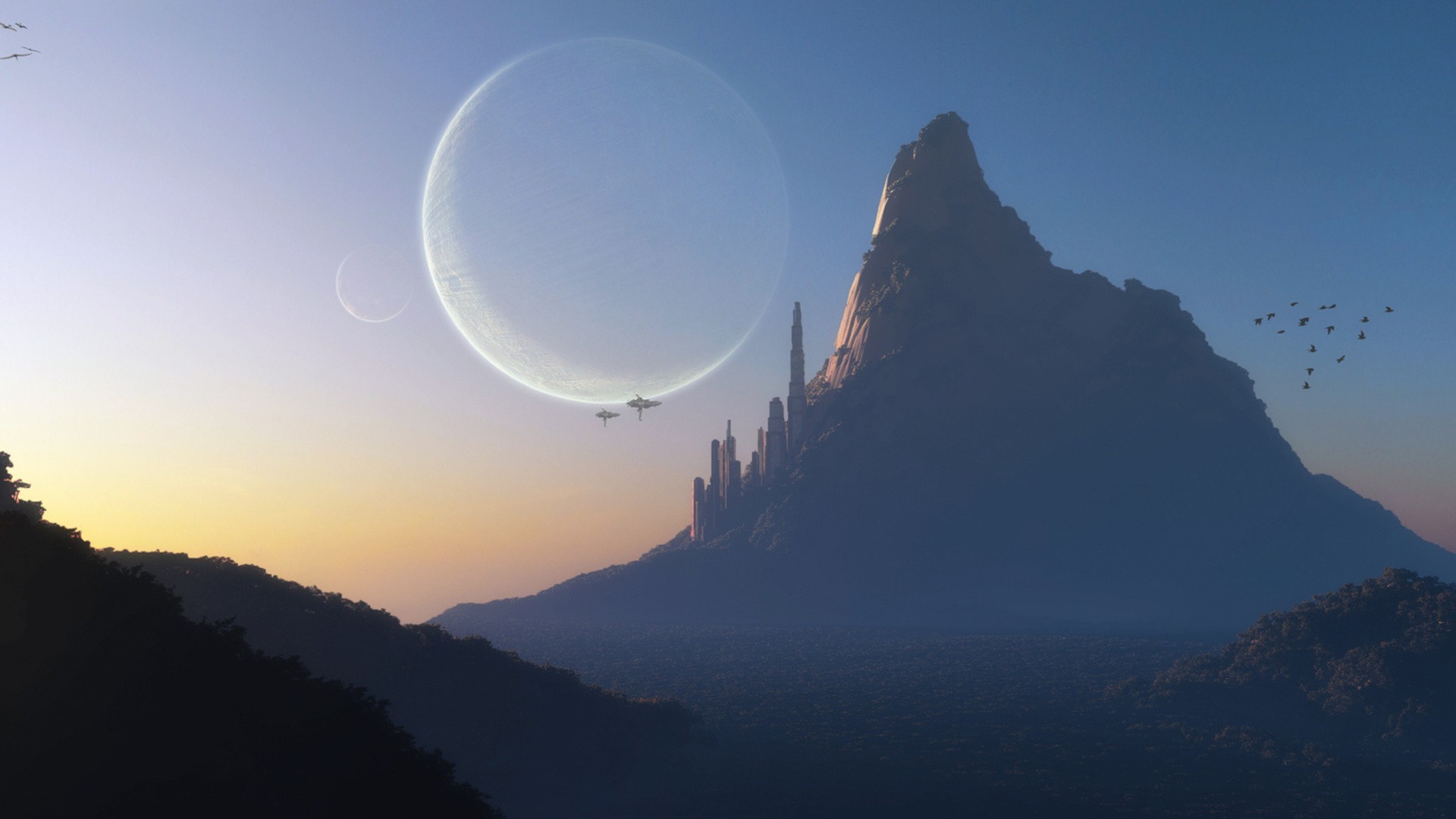 Alien planet landscape with moons and futuristic city HD Wallpaper