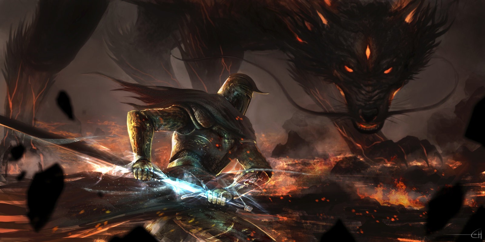 Knight fighting a dragon in a fiery landscape HD Wallpaper