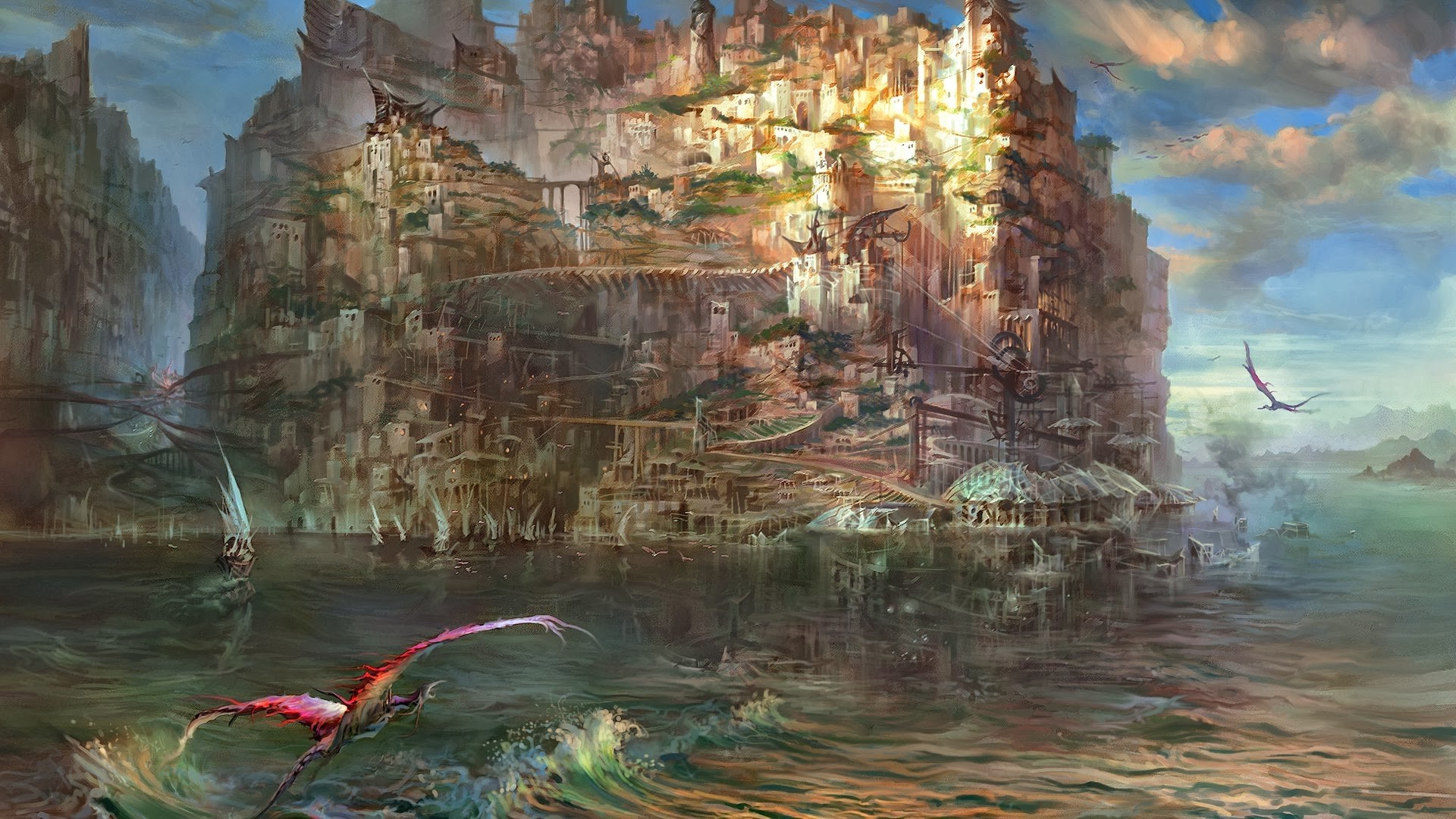 Fantasy city built on cliffs above the sea with dragons HD Wallpaper