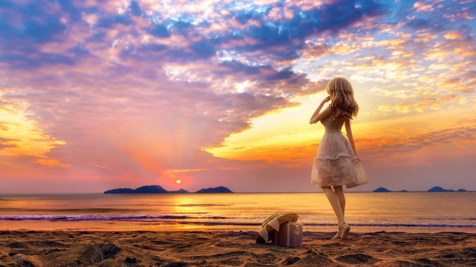 Doll in a white dress on a beach at sunset HD Wallpaper