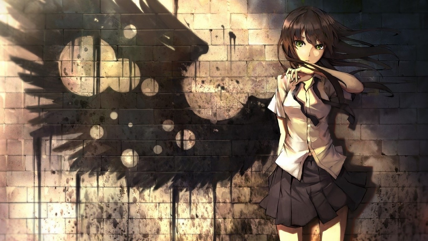 Anime girl with wings shadow on brick wall HD Wallpaper