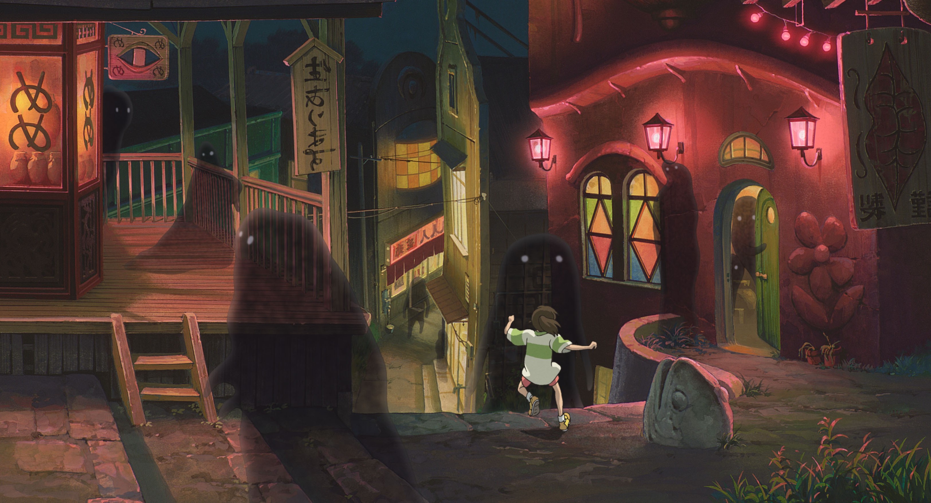 Chihiro and spirits in Spirited Away town HD Wallpaper