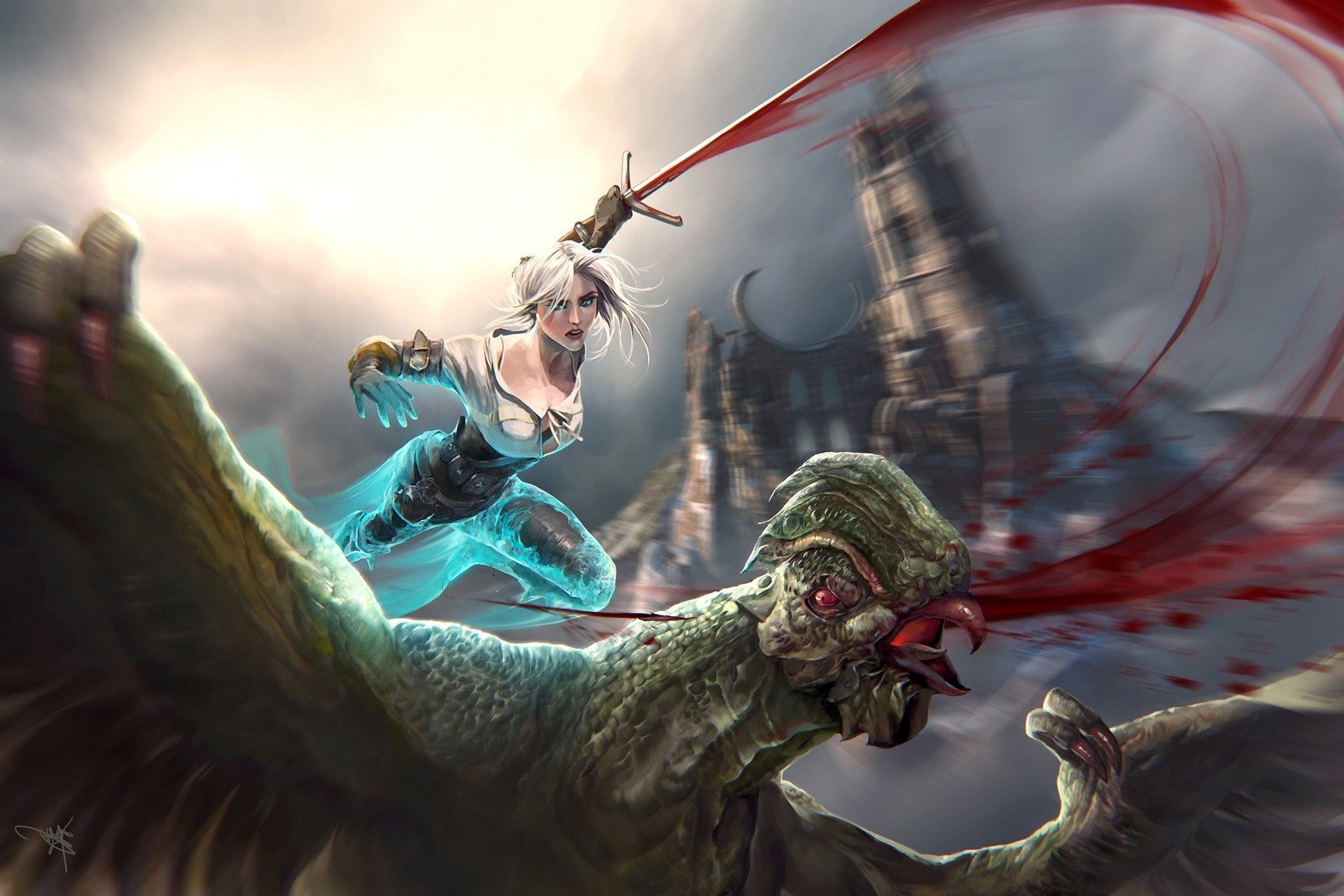 Ciri from The Witcher 3 Wild Hunt fighting a monster HD Wallpaper
