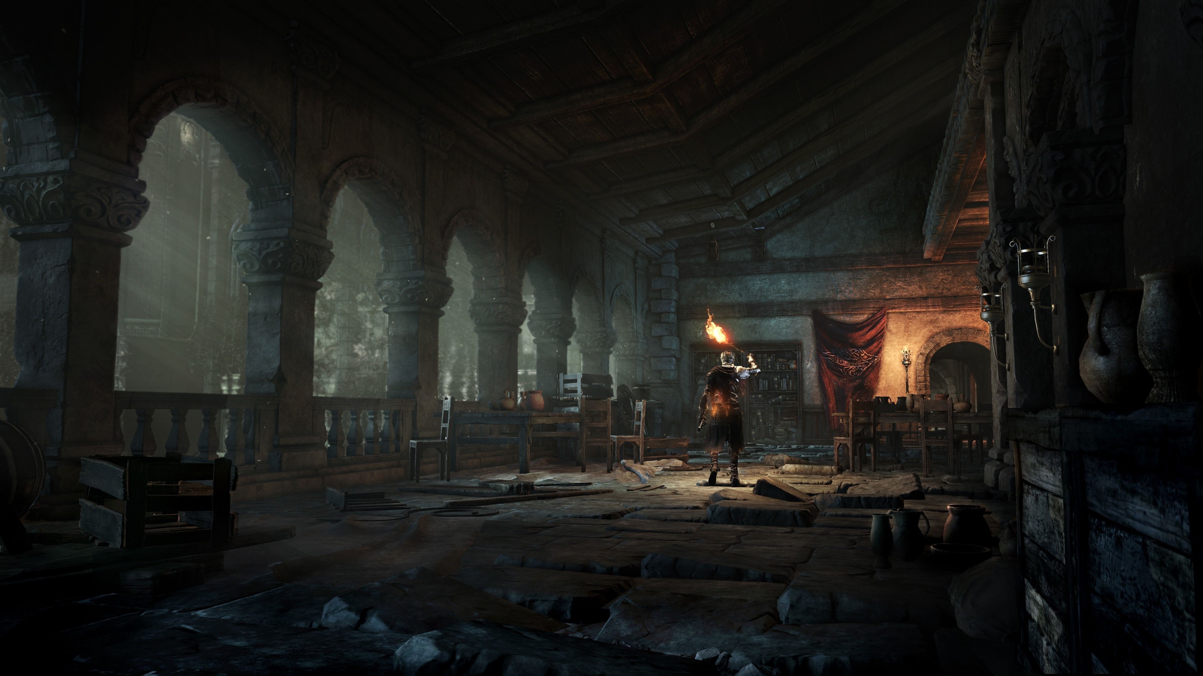Dark Souls III gothic castle interior with torch HD Wallpaper