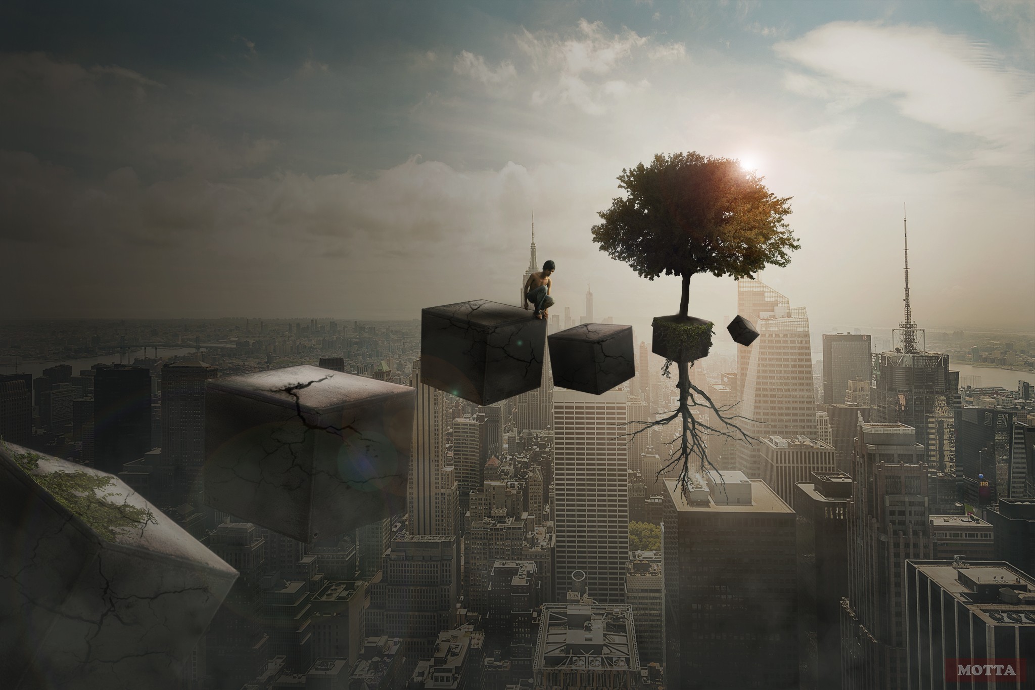 Man on floating cubes with tree over city HD Wallpaper
