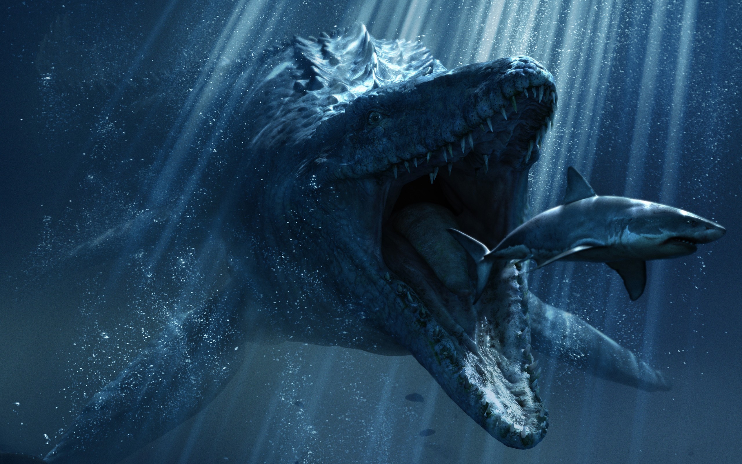 Mosasaurus eating a shark underwater HD Wallpaper