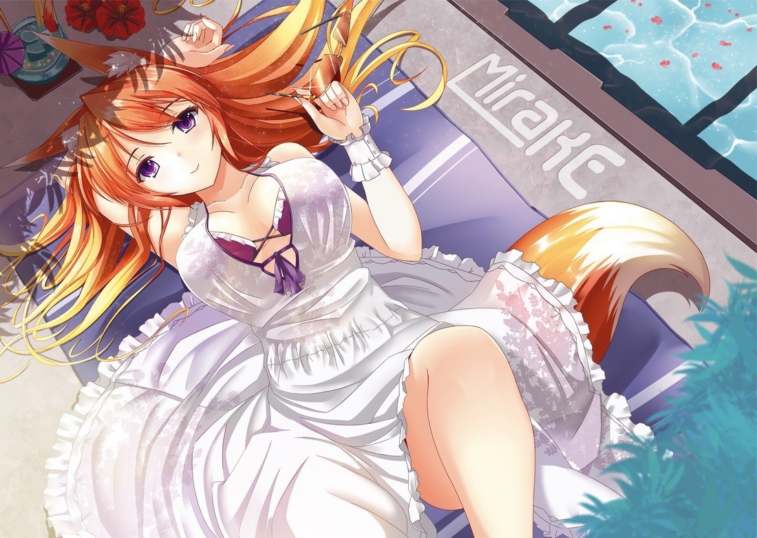 Anime girl with fox ears and tail in a white dress HD Wallpaper