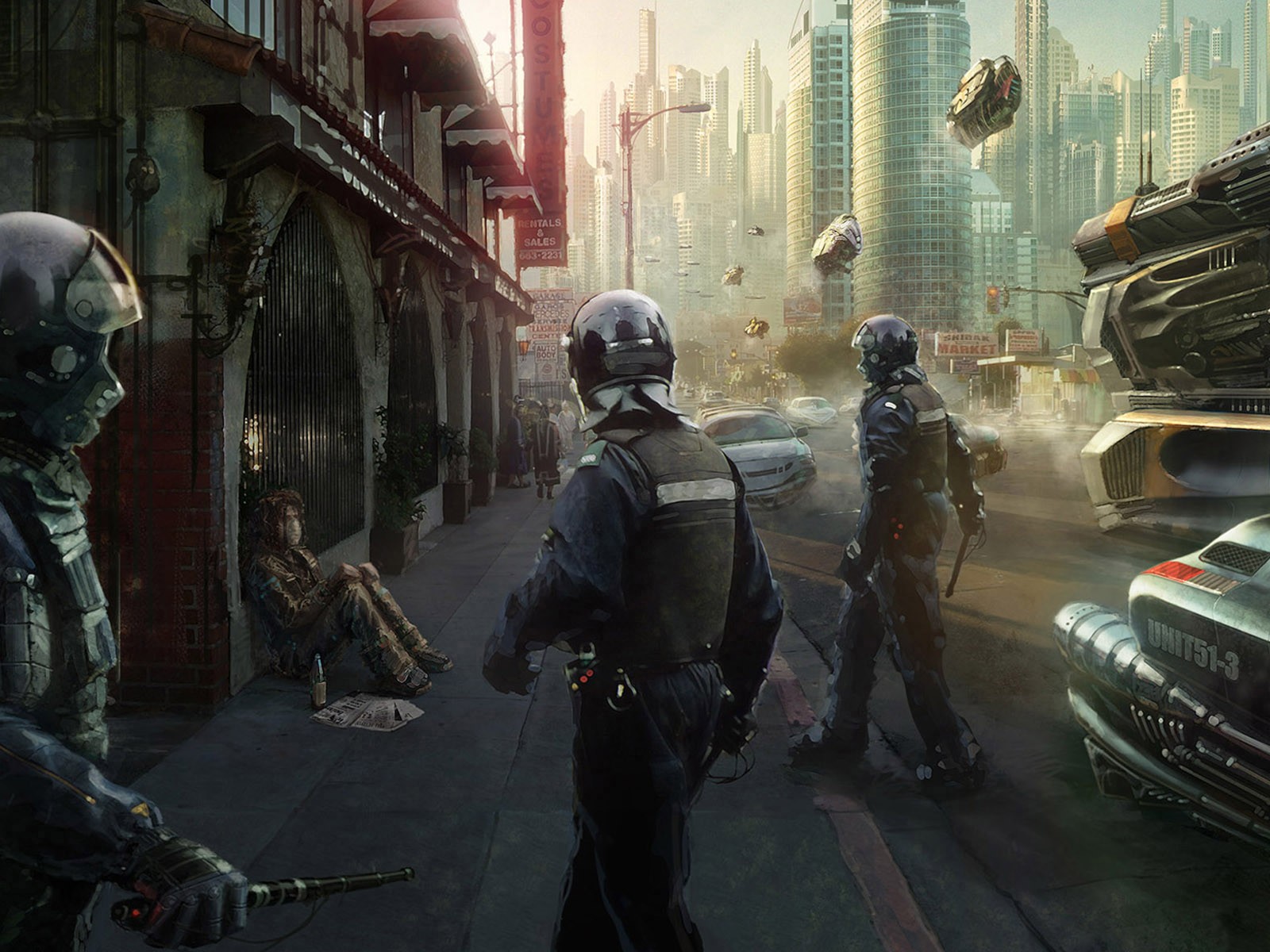 Dystopian City Street with Police and Homeless Person HD Wallpaper