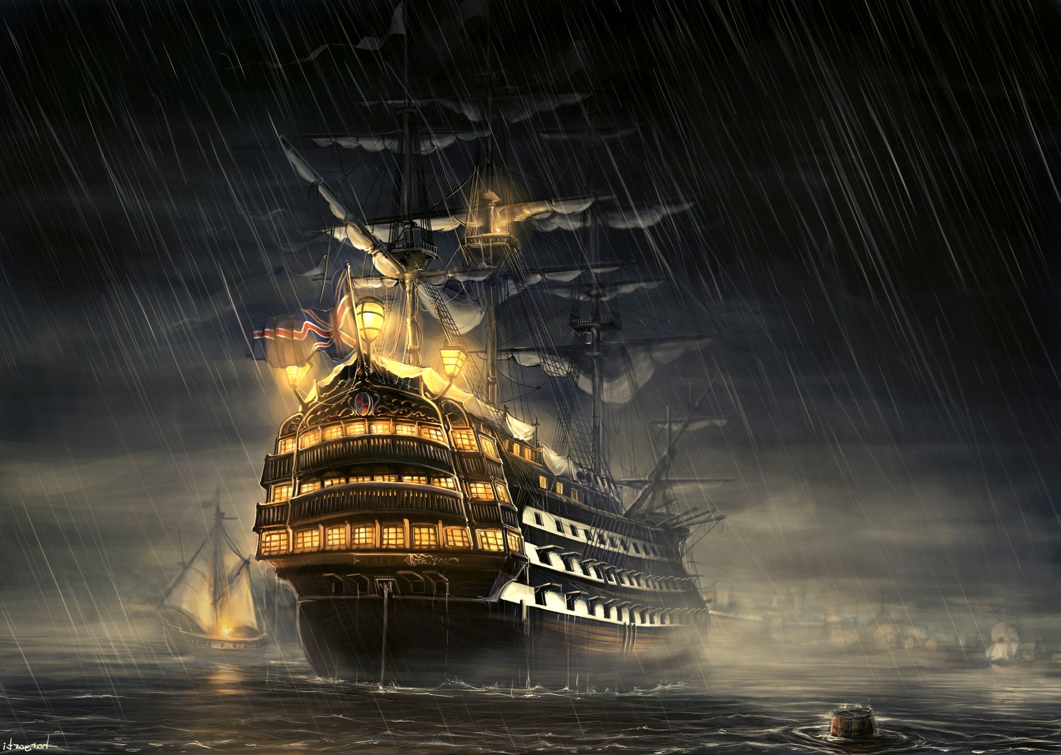 Old ship sailing in the rain HD Wallpaper