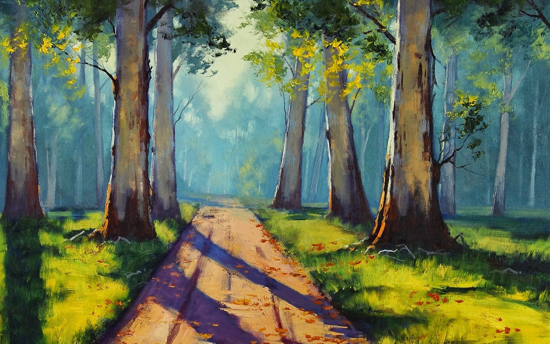 Painting of a forest path with sunlight filtering through trees HD Wallpaper