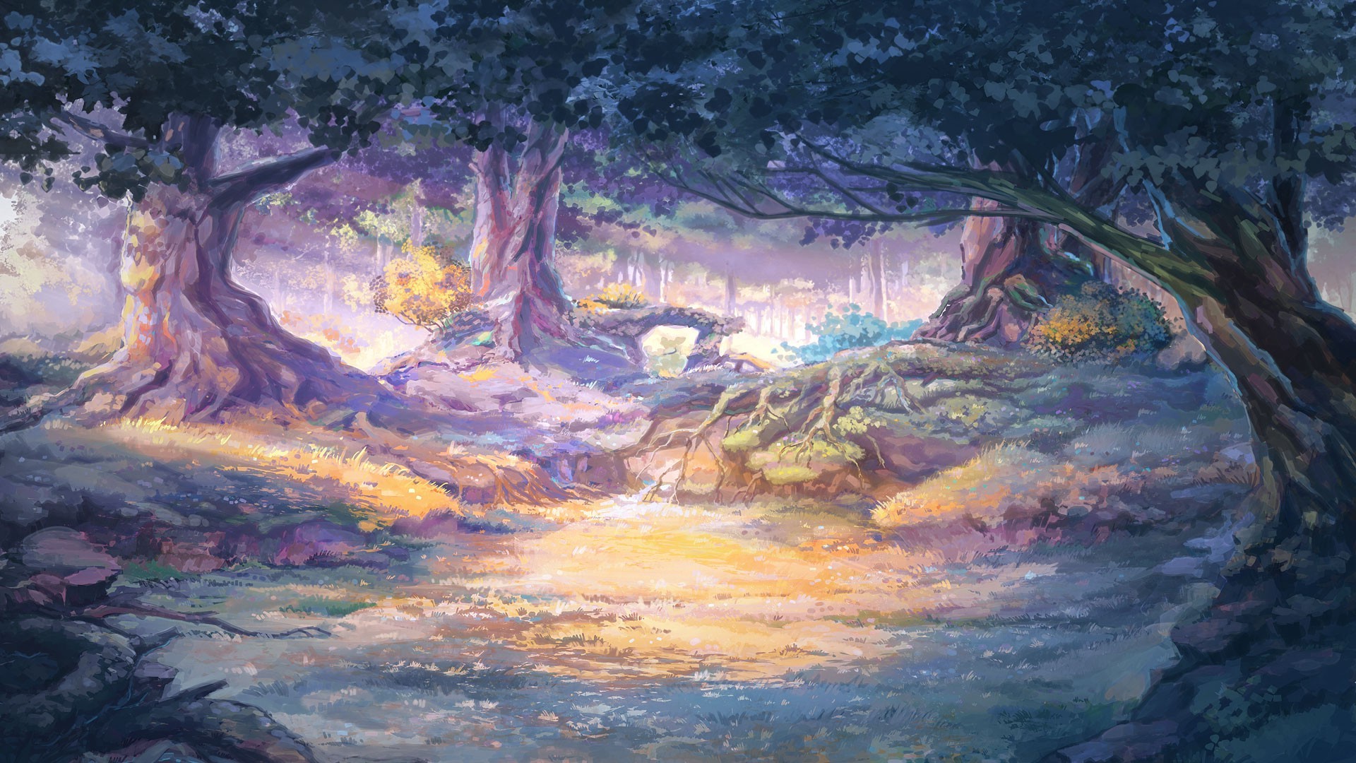Sunlit Forest Clearing with Ancient Trees HD Wallpaper