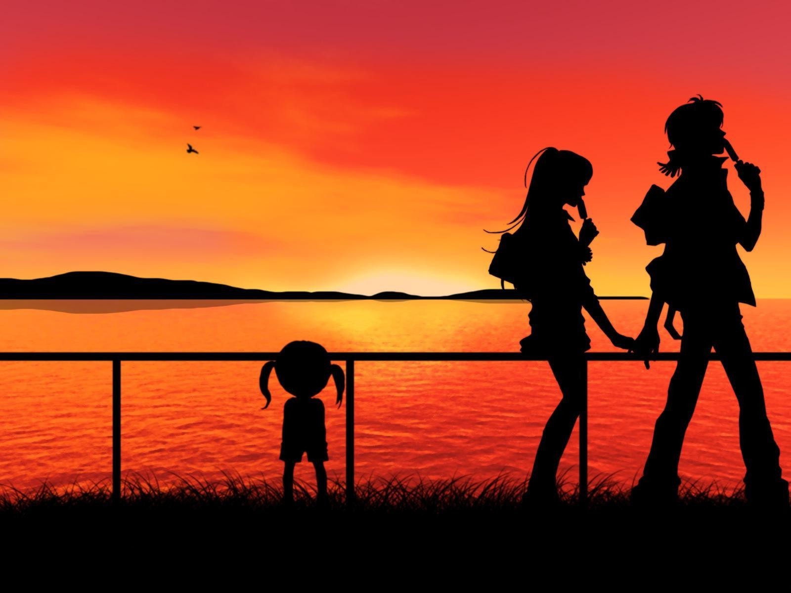 Anime couple and child silhouetted at sunset HD Wallpaper