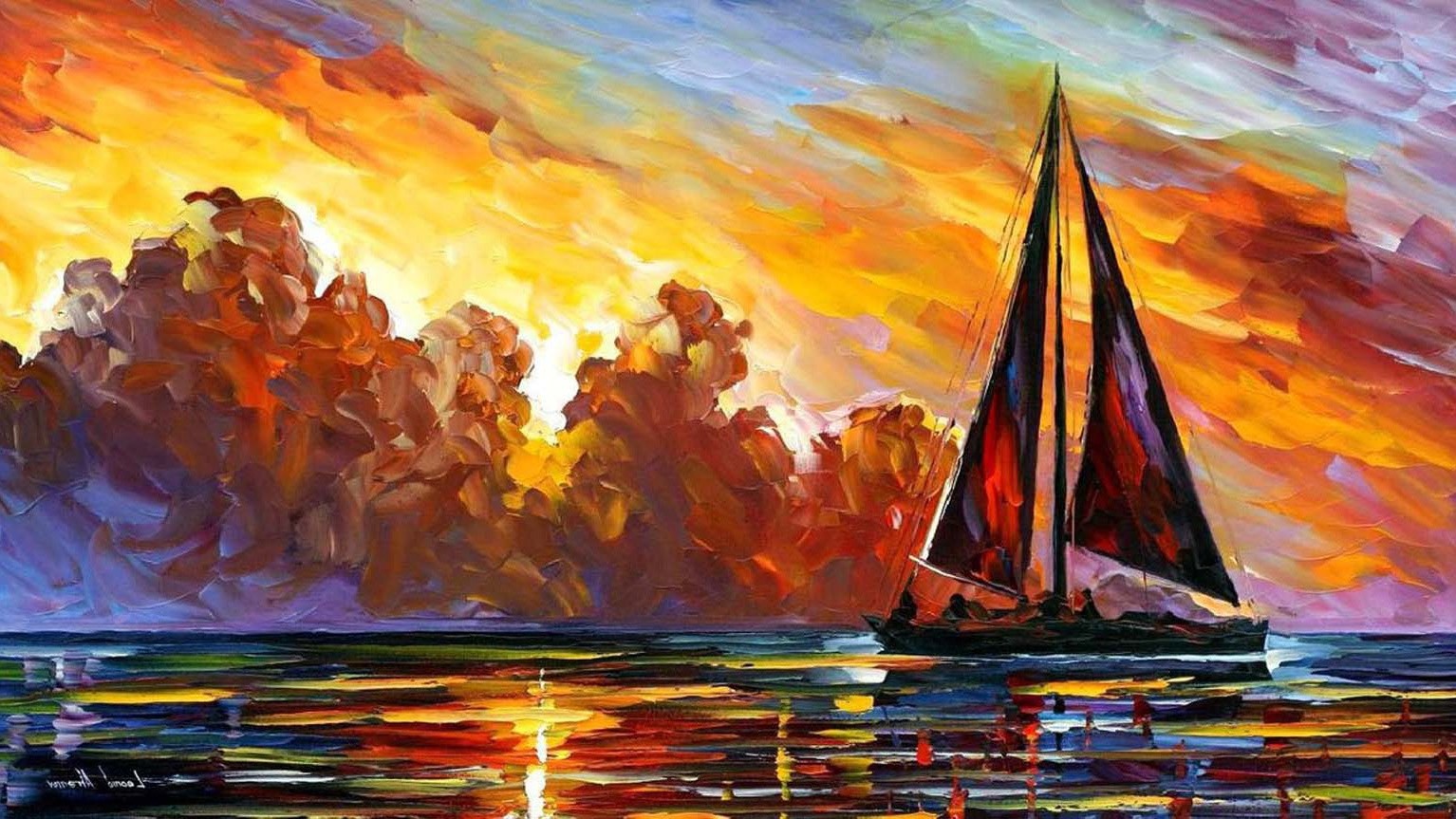 Sailboat on the sea during sunset painting by Leonid Afremov HD Wallpaper