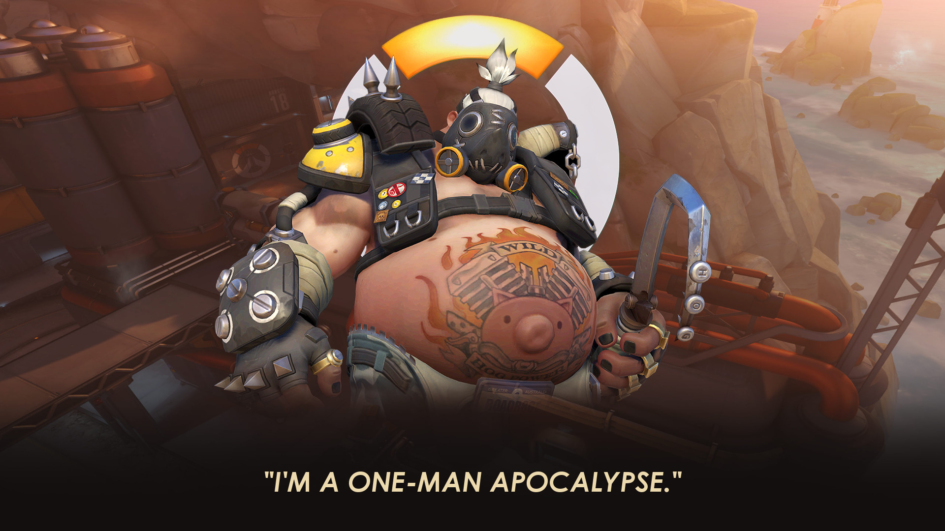 Roadhog from Overwatch with quote HD Wallpaper