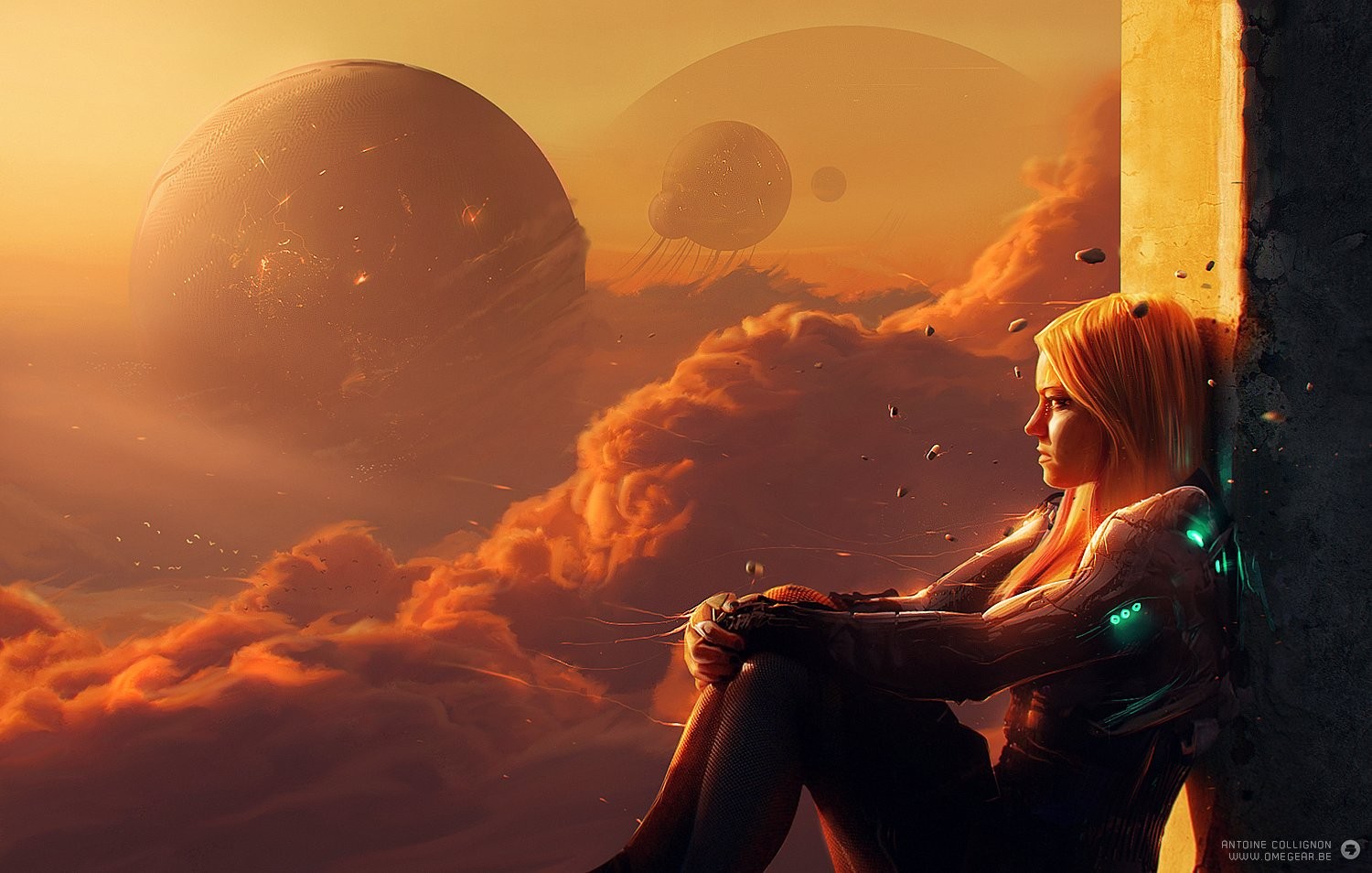Woman in cyberpunk suit looking at alien planets HD Wallpaper