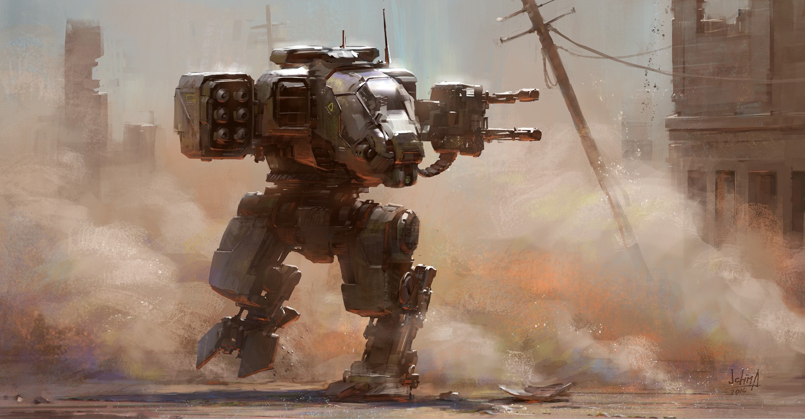 Mech in a post-apocalyptic city HD Wallpaper