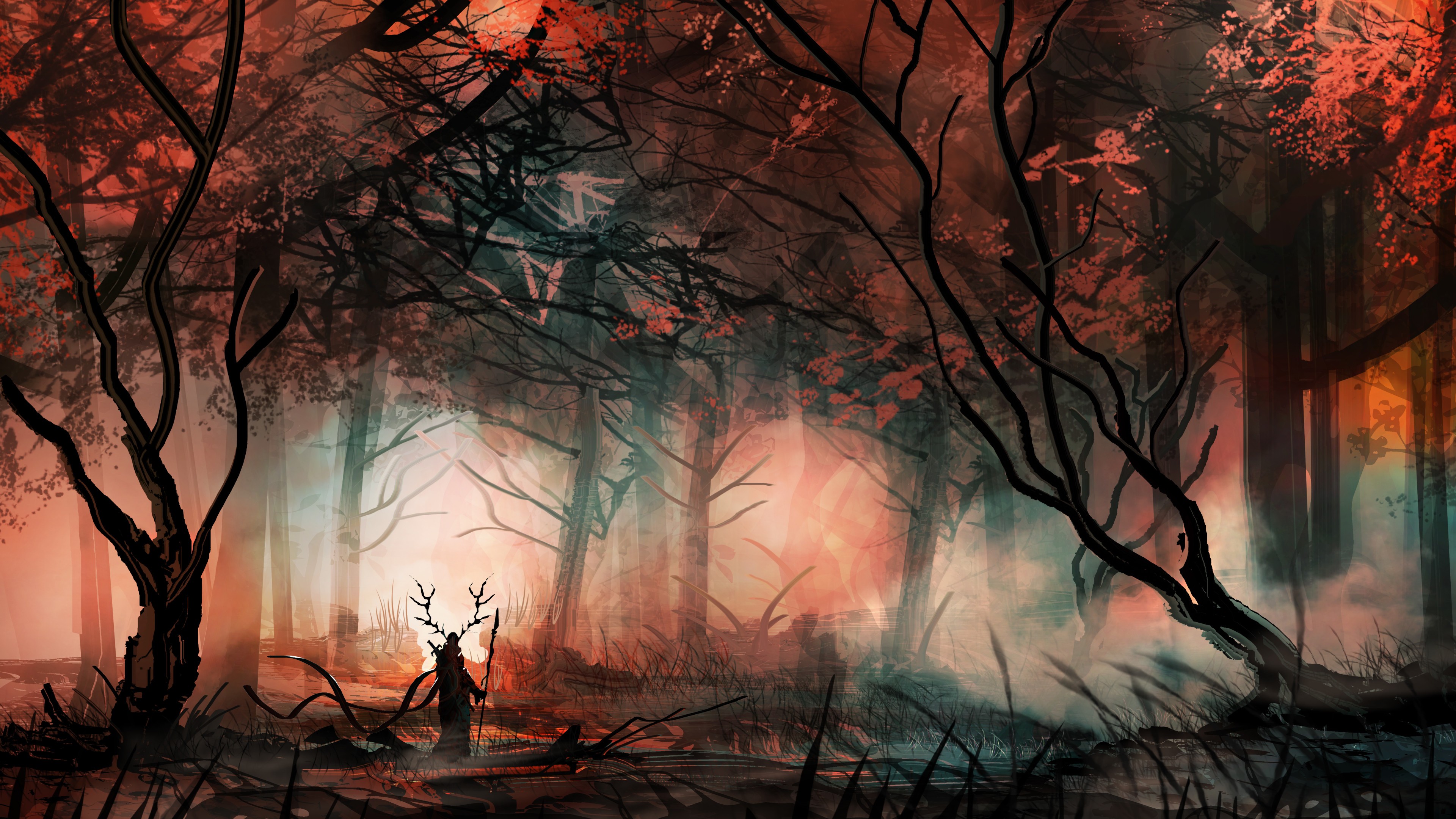 Fantasy art of a figure with antlers in a misty forest HD Wallpaper