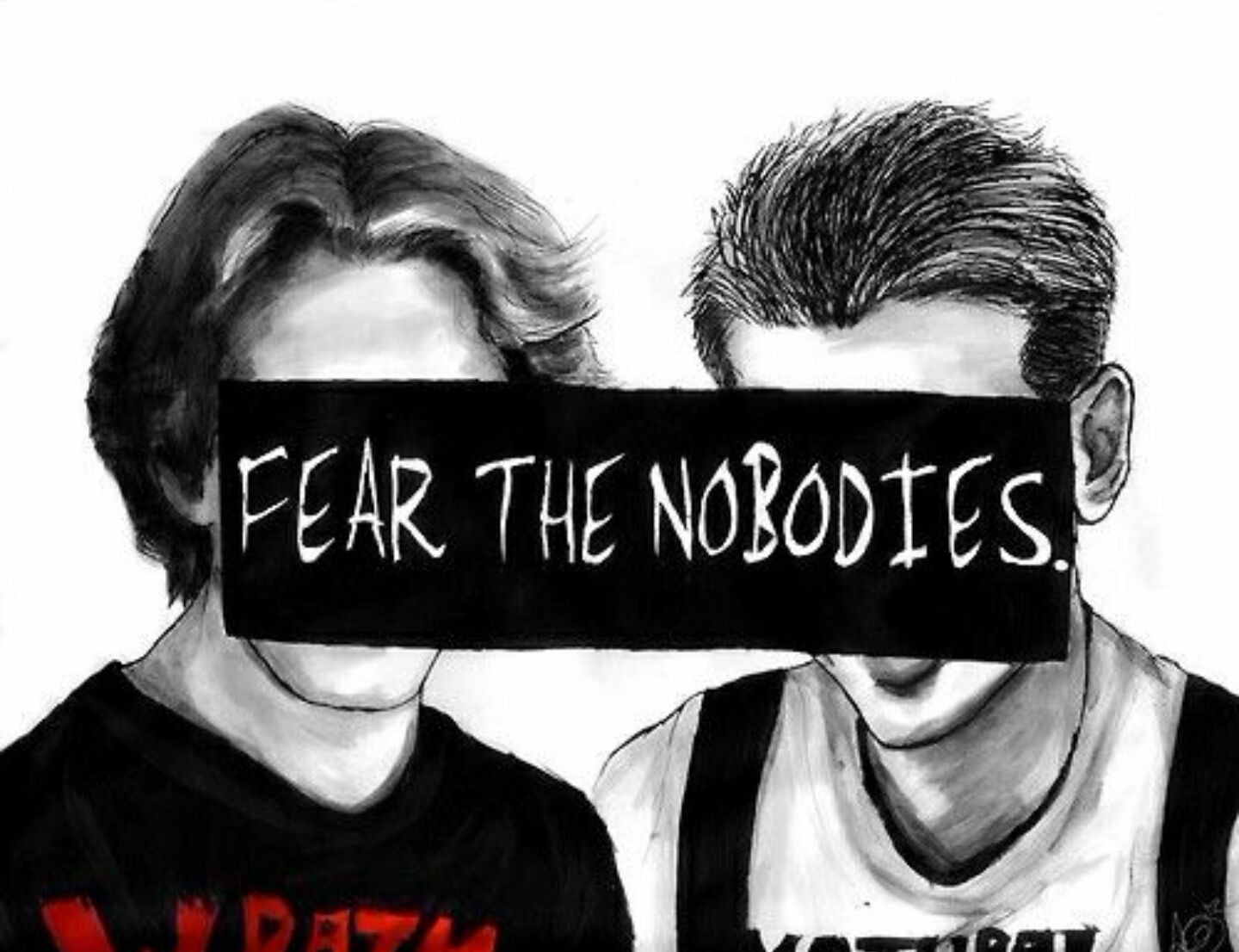 Two men with a black bar over their eyes that says "FEAR THE NOBODIES." HD Wallpaper