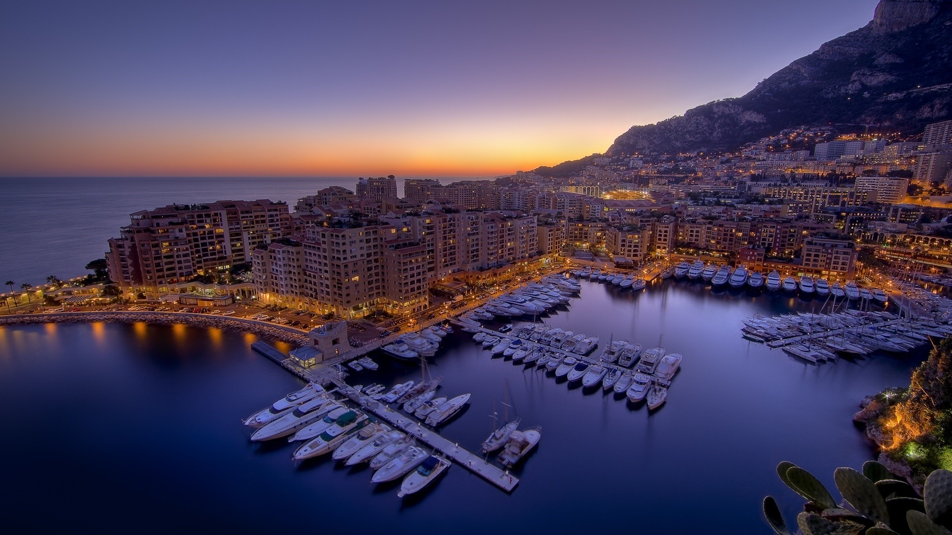 Monaco Harbor at Sunset with City Lights and Yachts HD Wallpaper