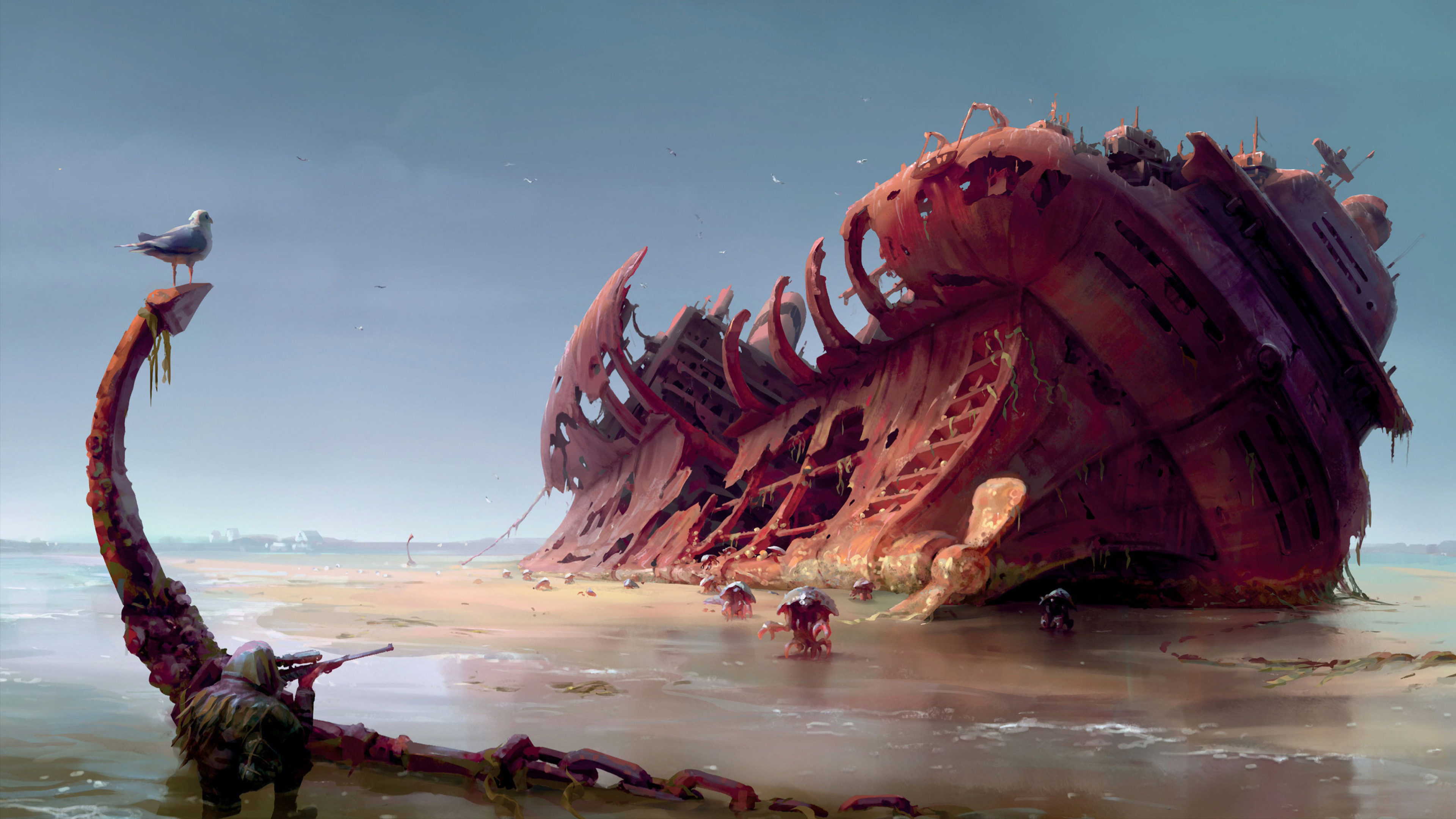 Sniper and mutated crabs near a shipwreck HD Wallpaper